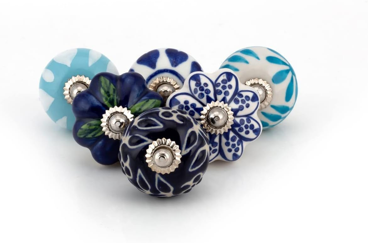 ATCUSA Vintage Multi Designed Decorative Ceramic Cupboard Kitchen Cabinet Door Knobs Bathroom Dresser Almirah Drawer Pulls Retro Handles Boho Classical Glazed Hardware (White Gold New - Pack of 6) image number 6