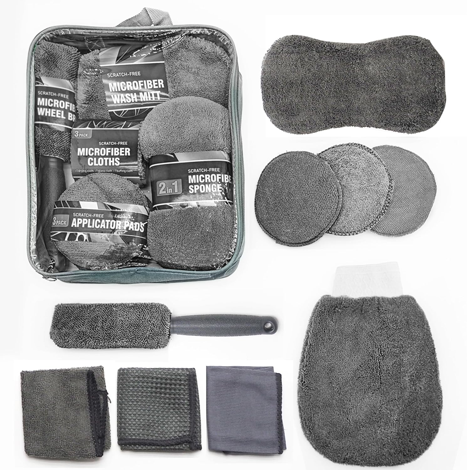 Car Wash Kit, 9Pcs Car Detailing Towel Set with Storage Bag, Auto Cleaning Tools, Microfiber Mitts Drying Towel Waffle Cloths Wheel Brush Waxing Sponge for Interior, Exterior Cleaning (Grey) image number 2