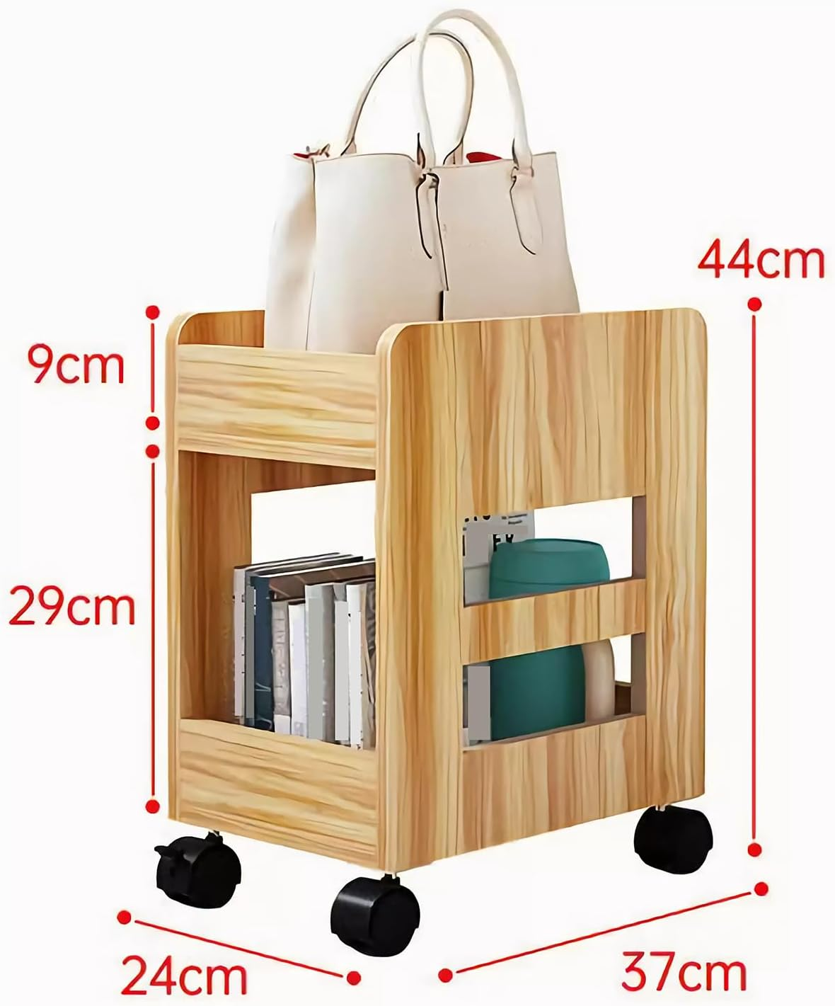 Rolling Storage Cart on Wheels, 2-Tier Wooden Book Cart Rolling Organizer, Utility Organizer, Multi-Functional Movable Trolley Bookshelf image number 3
