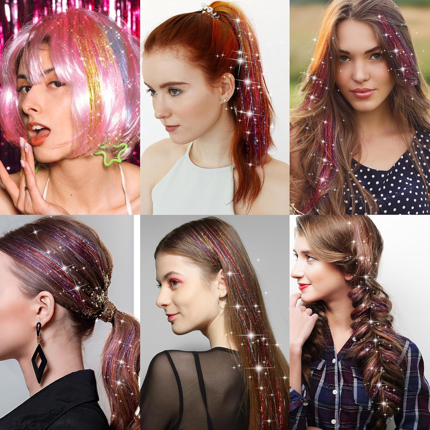 Hair Tinsel 12Pcs Tinsel Hair Extensions 20 Inch Clip in Glitter Hair Extension Colorful Hair Tinsel Hair Glitter Strands Tinsel Kit Hair Accessories for Women Girls Cosplay Halloween Party Festival image number 5