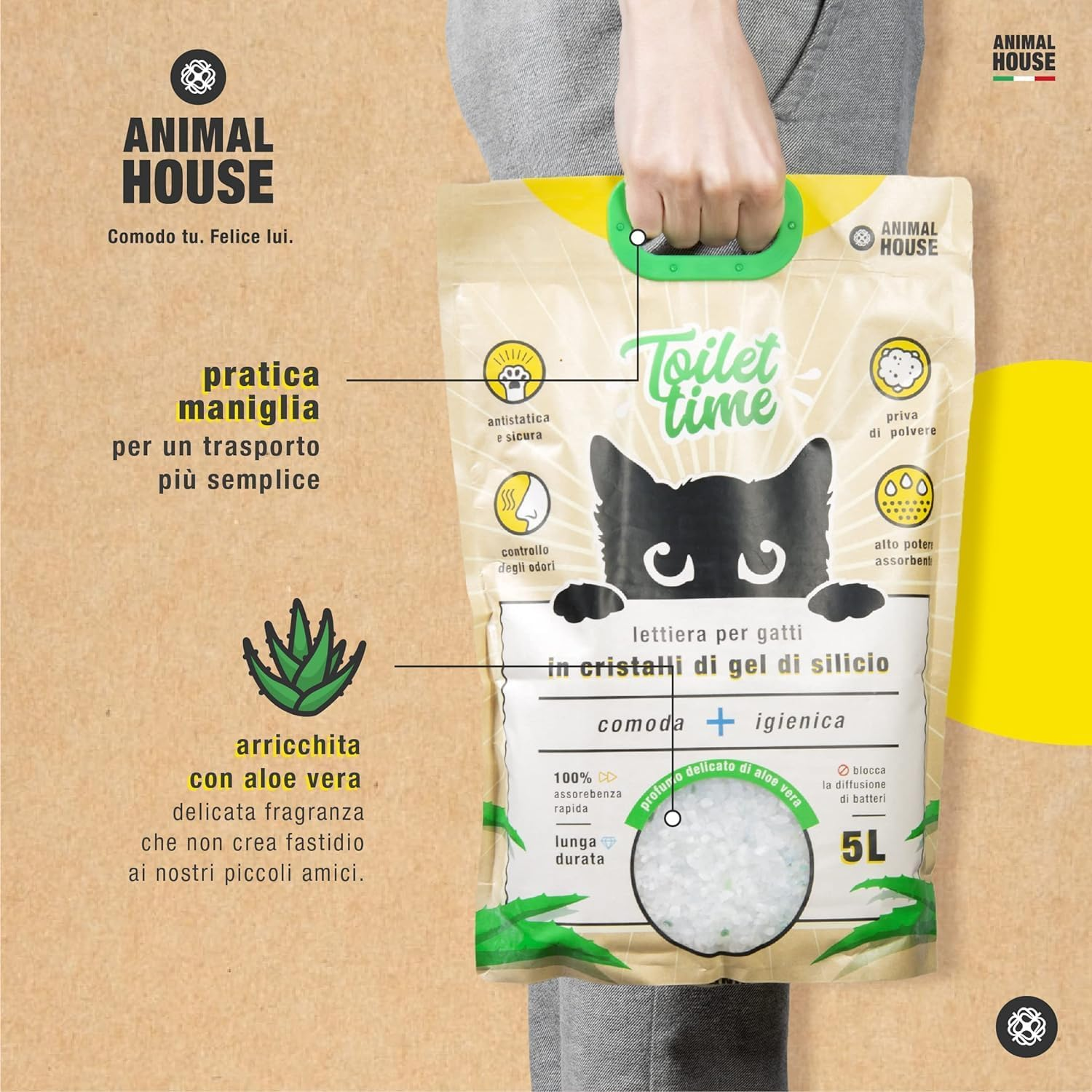 Animal House Toilet Time - Crystal Silicone Litter for Cats - Anti-Static and Safe - Dust Free - Extremely Absorbent - Retains Odours (Aloe, 15L) image number 1