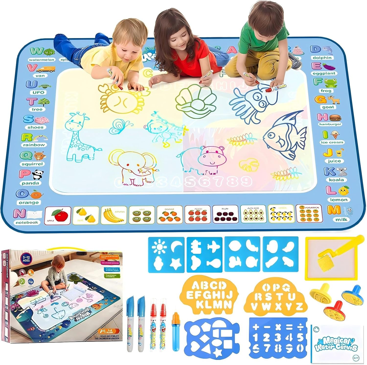 Water Doodle Mat 40 X 32 Inch Painting Doodle Kids Toys, Water Drawing Mat Fruit Alphabet, Large Magic Drawing Doodling Mat Educational Toys for 2 3 4 5 6 7 Toddler Boys Girls Christmas Birthday Gifts