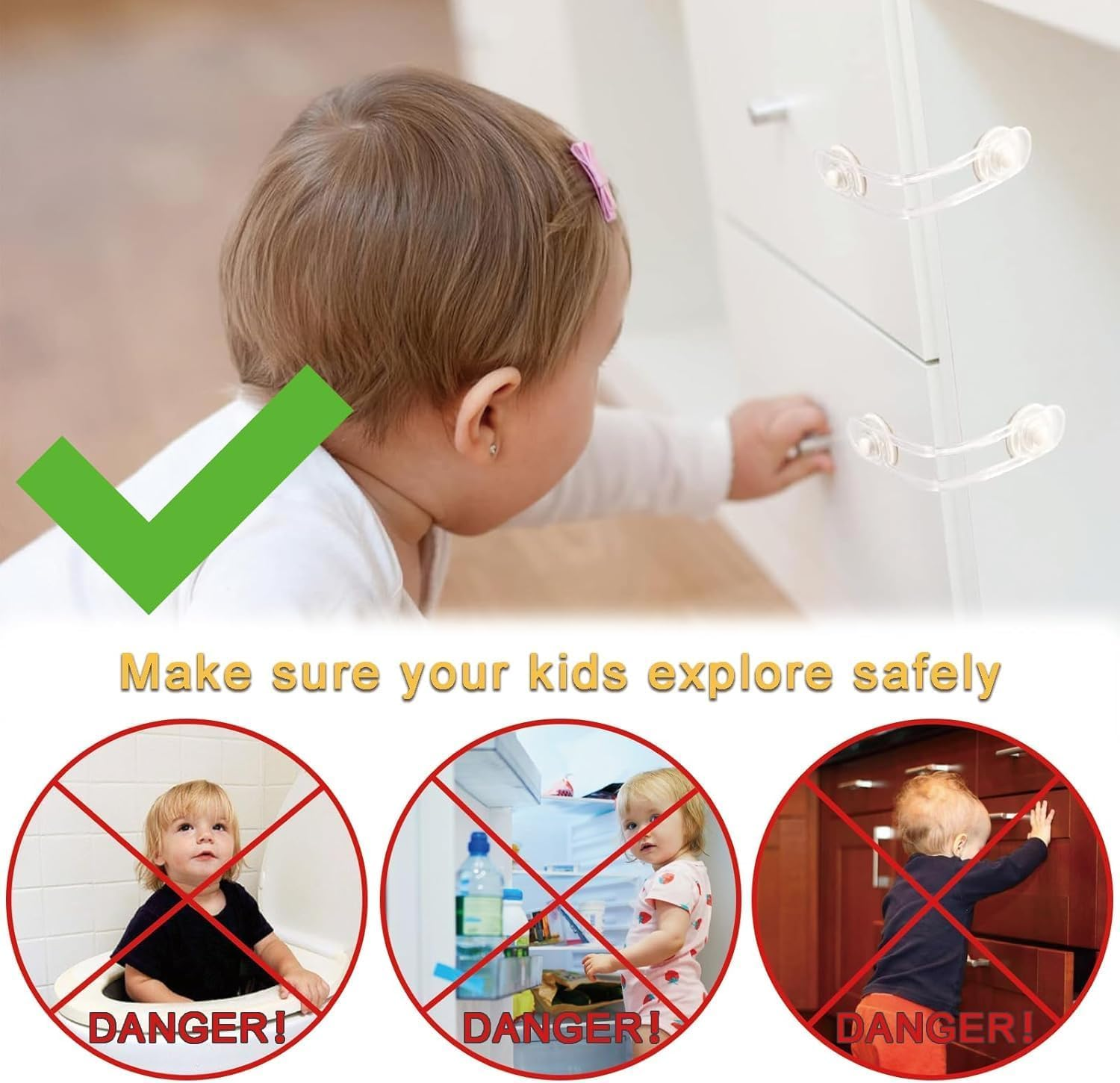Cupboard Locks for Children, Child Locks for Kitchen Cupboards, Transparent Child Safety Cupboard Locks, without Drilling Strong Adhesive Cabinet Lock for Fridge, Cabinets, Drawers (16.5Cm, Pack, 20) image number 3