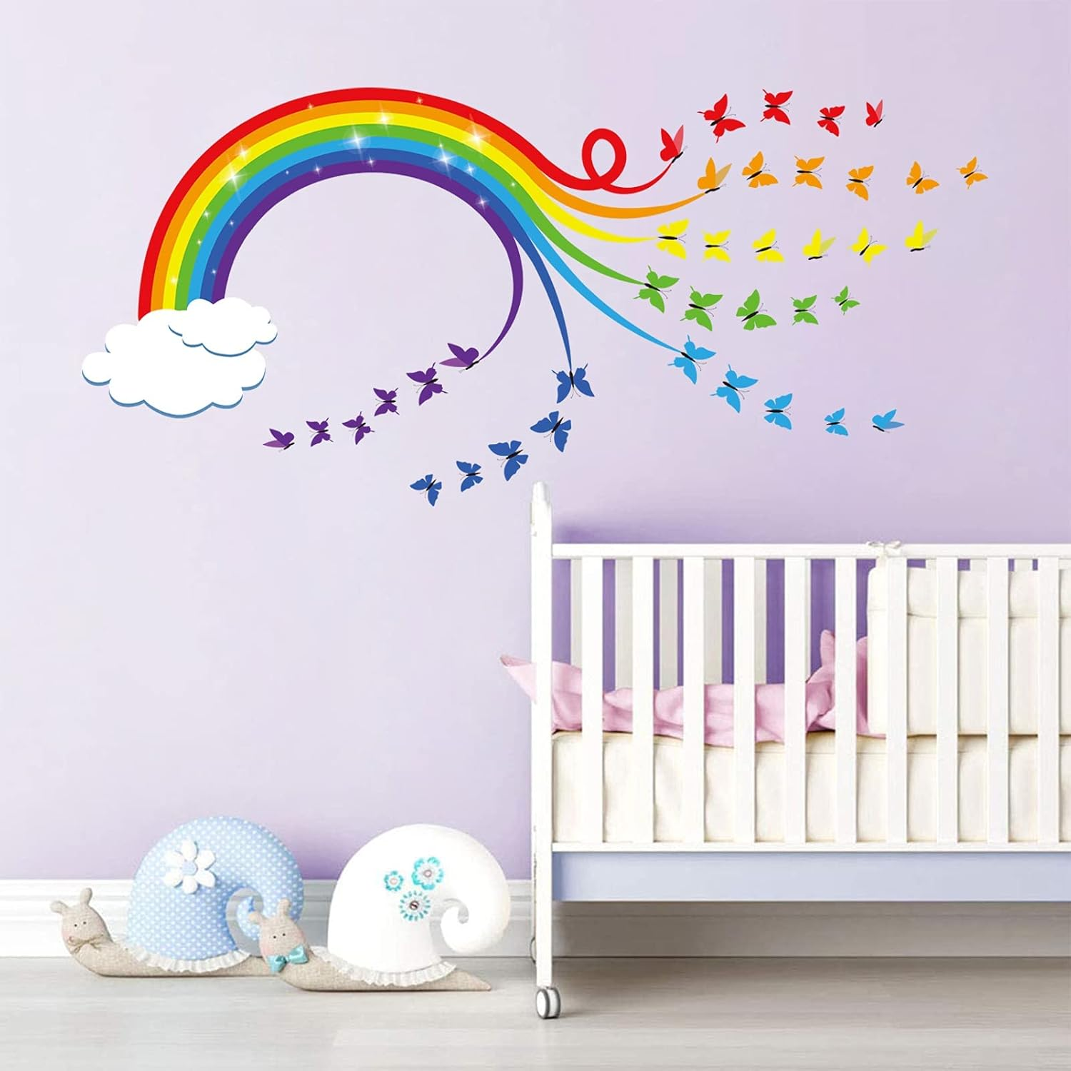 Decalmile Rainbow Wall Decals Colourful Butterflies Cloud Wall Stickers Baby Nursery Kids Bedroom Living Room Wall Decor image number 1