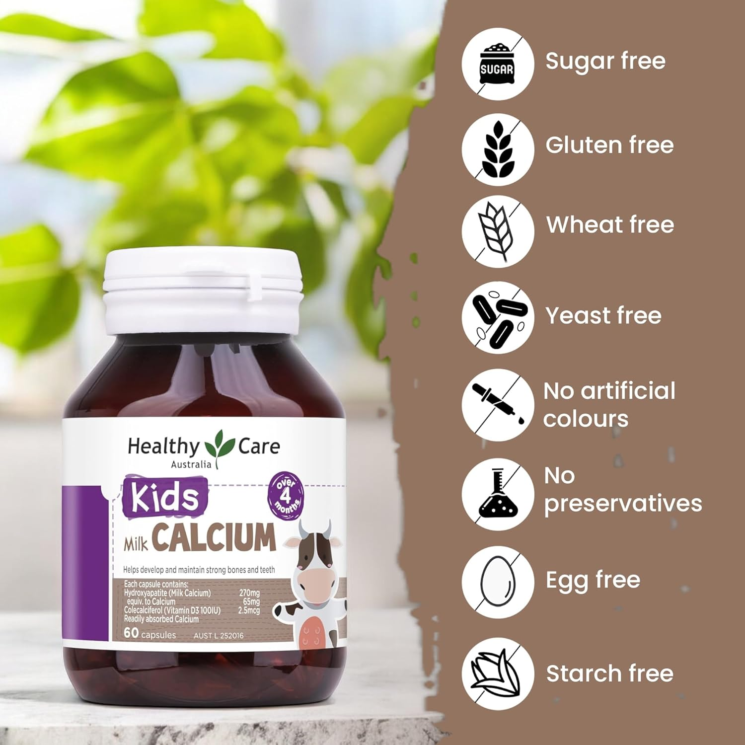 Healthy Care Milk Calcium Capsules for Kids - Supports Strong Bone and Teeth - Premium Dietary Supplement - All-Natural Ingredients - 60 Capsules