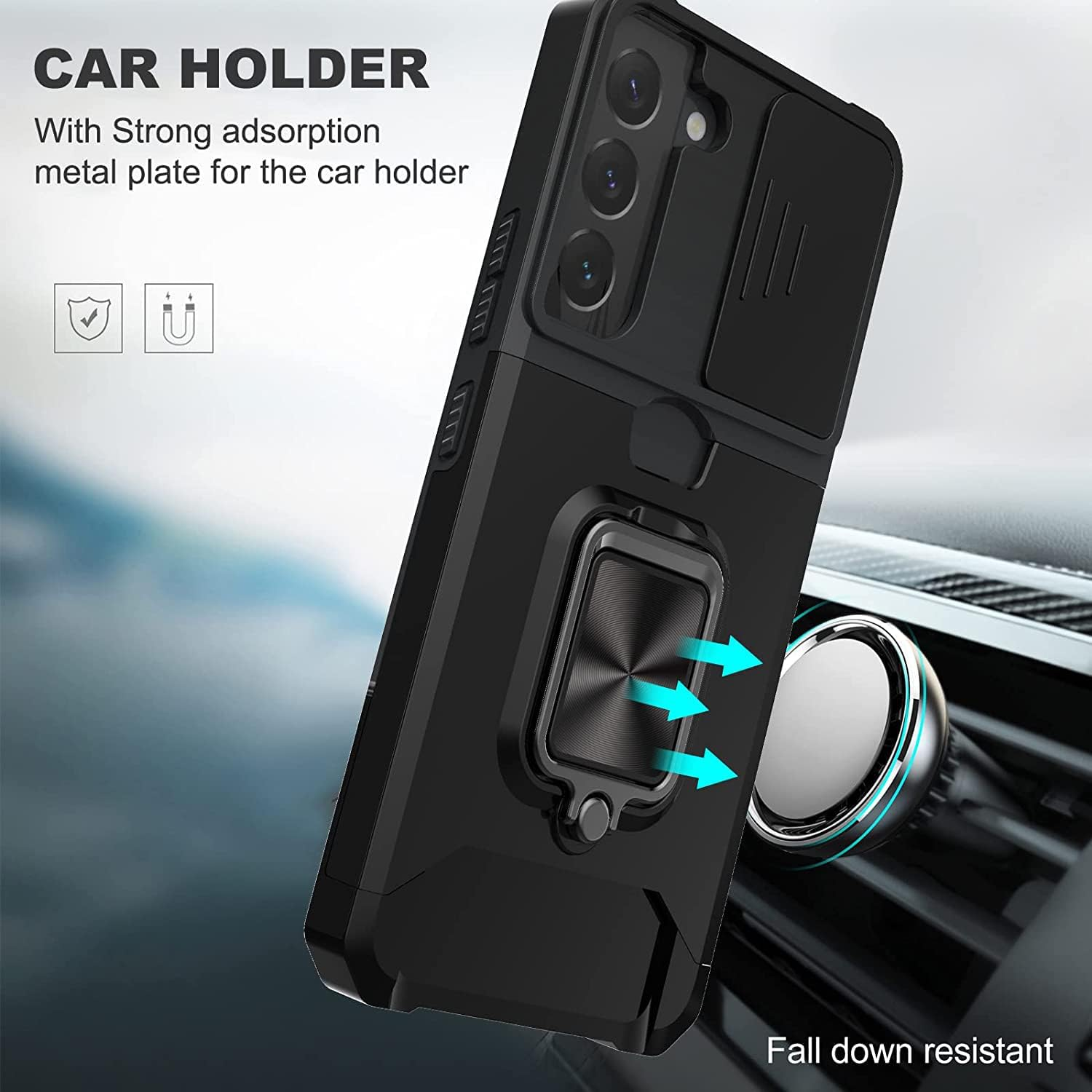 JOYCHER for Samsung Galaxy S24 Case Phone Cover Slide Camera Cover & Card Holder Slot 360&deg; Ring Kickstand Tough Heavy Duty Defender Armor Shockproof Military Galaxy S24 Wallet Case image number 3