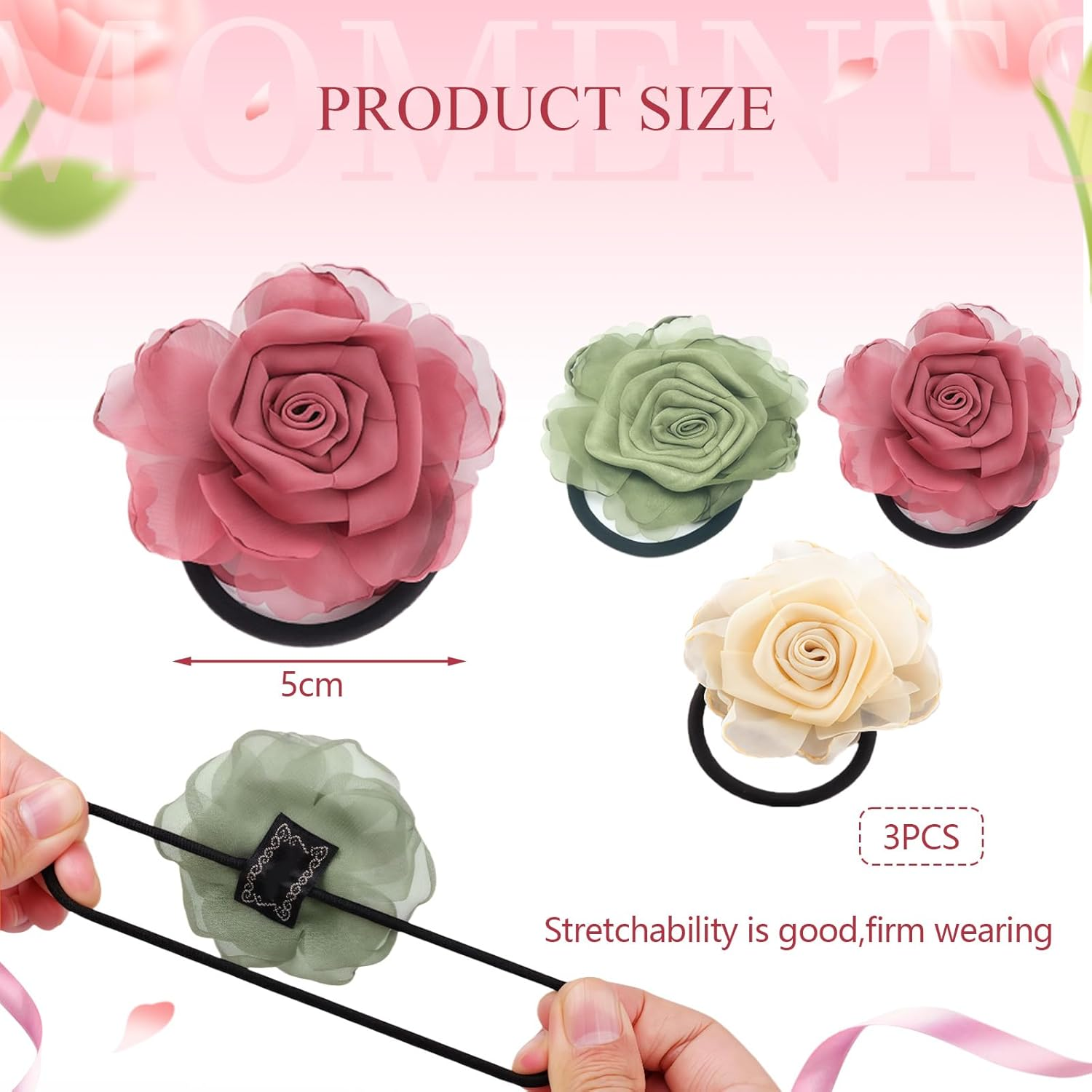 3PCS Handmade Rose Hair Ties Stretchy Floral Hair Bands Elastic Ponytail Holders for Women Girls Soft Scrunchies Hair Accessories 3 Colors image number 5