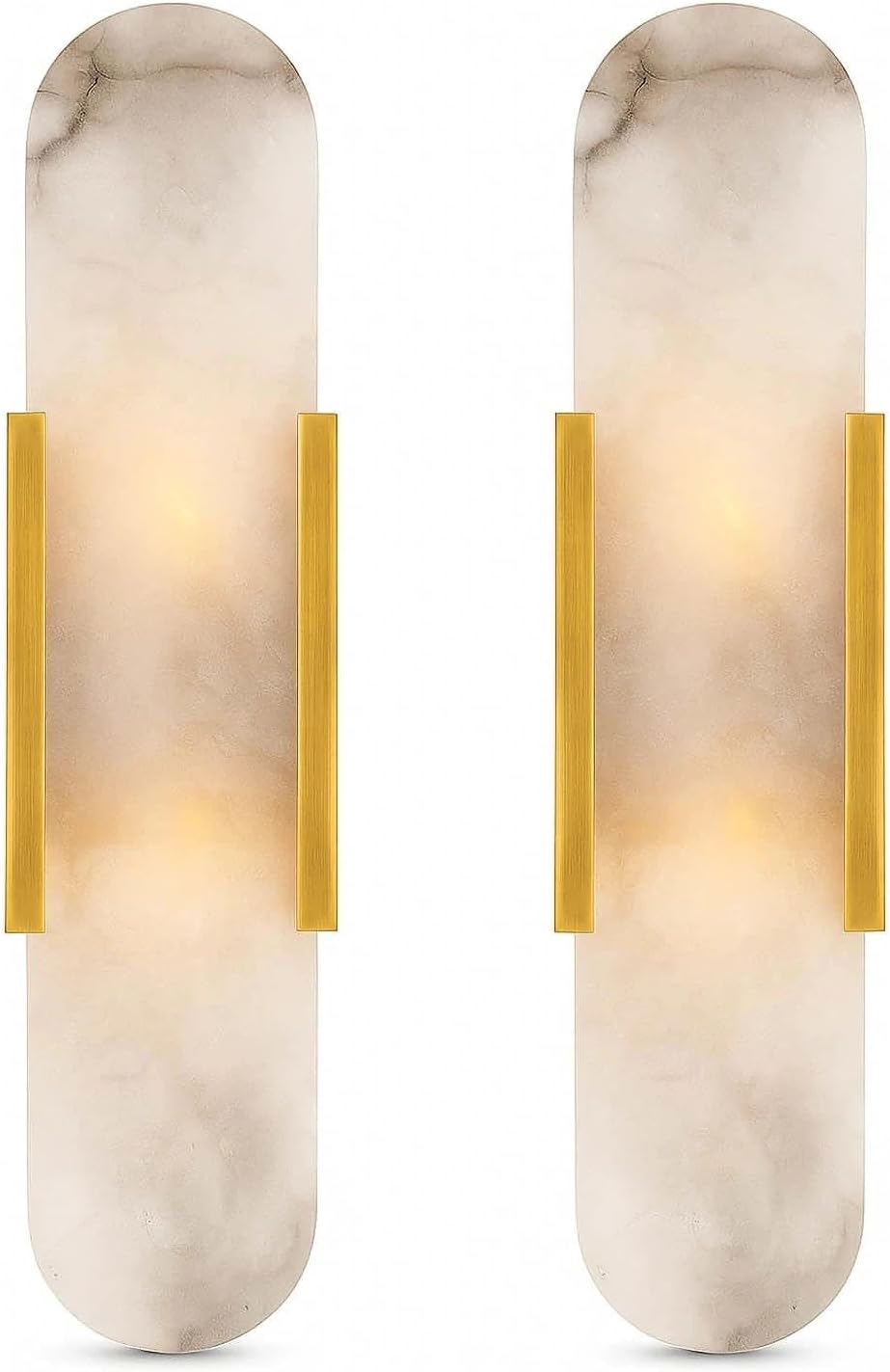 Natural Alabaster Wall Sconce Set of 2 &ndash; Modern Marble Wall Lamp for Bedroom, Bathroom Vanity, Living Room, Hallway & Staircase &ndash; Stone Alabaster Lamp Lighting Fixture(Gold,35Cm)