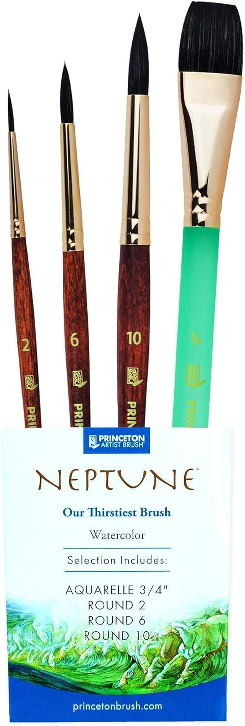 Princeton Neptune Professional Watercolour Brushes 4750 Series - 4Pc Soft Synthetic Squirrel Brush Set for Watercolour Painting - Aquarelle 1.9Cm - round 2 - round 6 - round 10 image number 2