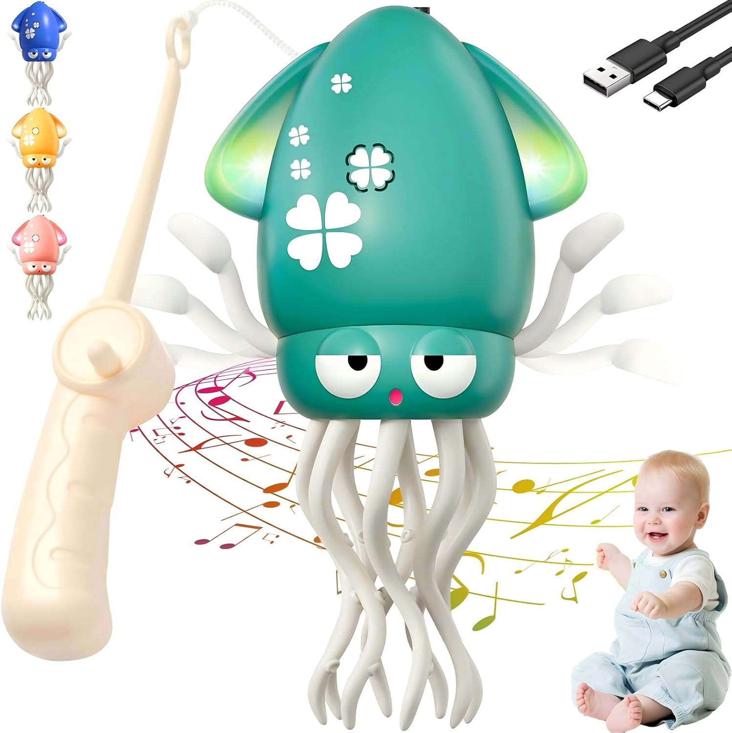 Dancing Octopus Toy, USB Rechargeable Magic Dancing Squid, Electric Crawling Musical Baby Toy with LED Lights & Music, Perfect Christmas Birthday G IFT for Infants Kids 3+ (Green)