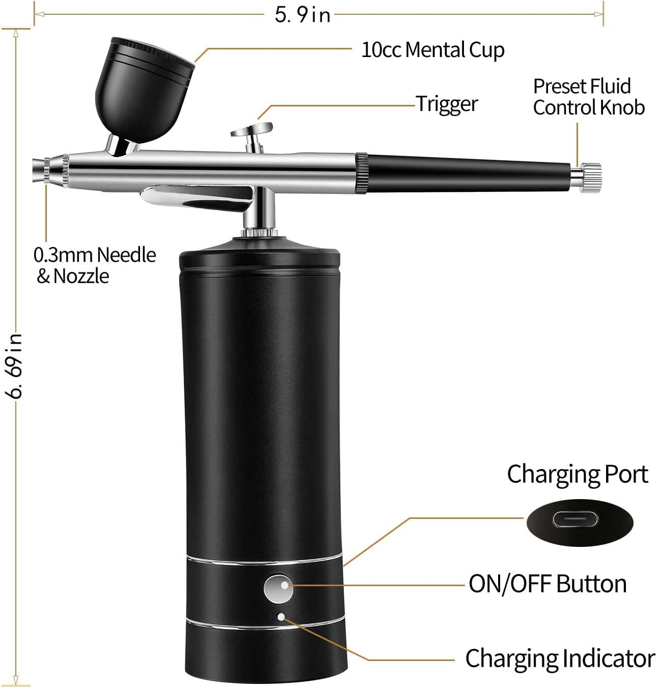 Airbrush Kit Rechargeable Compressor, 30PSI High Pressure,Portable Handheld Airbrush Gun, Airbrush Set Wireless Air Brush for Model Painting,Makeup,Barber, Nail Art, Cake Decor, Black image number 2