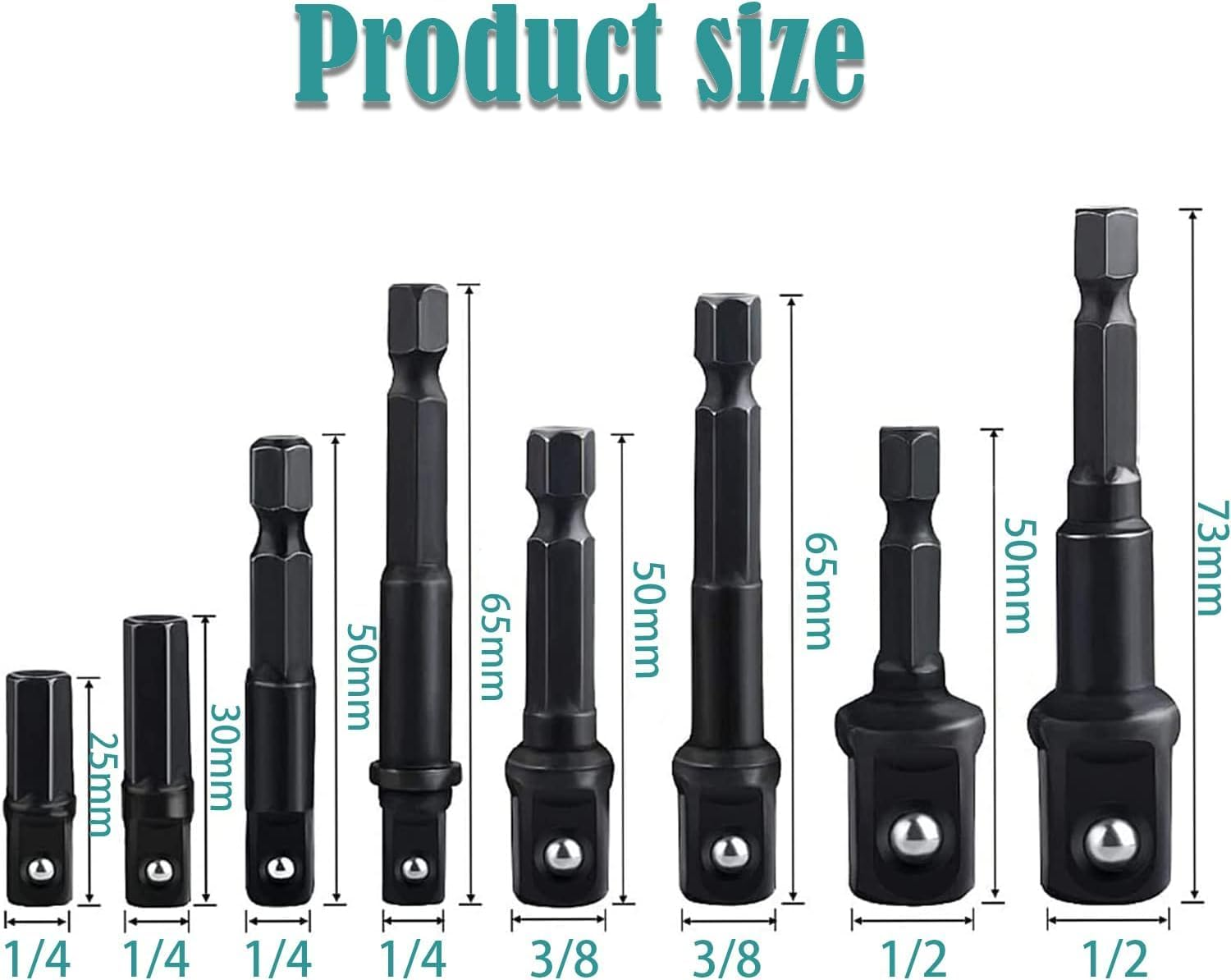 KEWAYO 8Pcs Power Drill Sockets Adapter Sets 1/4" 3/8" 1/2", 1/4 Inch Hex Shank Impact Driver Socket Adapter, CR-V Quick Change Nut Driver Socket Bit Set image number 5