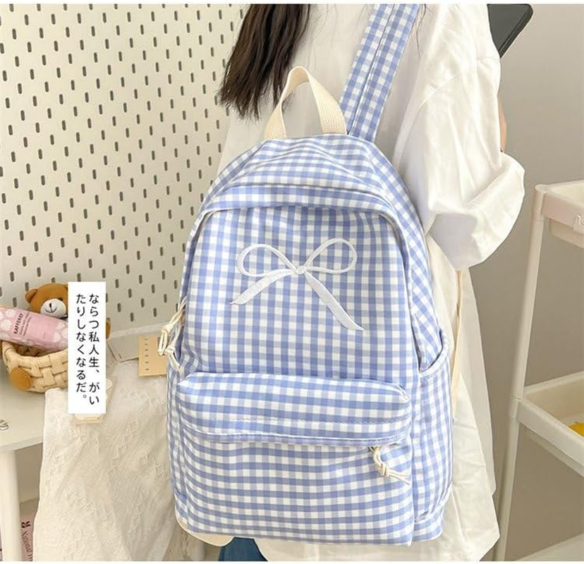 KAOBIO Womens Small Cute Trendy Plaid Preppy Backpack Y2K Aesthetic Kawaii Bow Checkered Daypack Coquette Laptop Bag - Blue image number 2