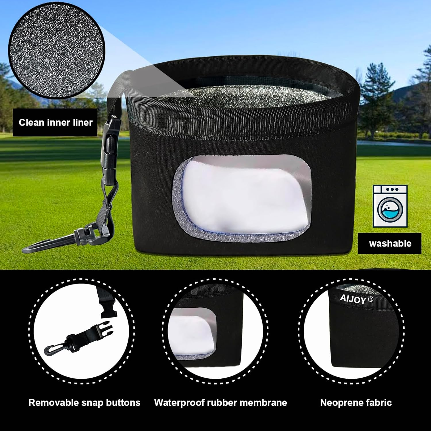 AIJOY Golf Club and Golf Ball Cleaning Bag, Waterproof Clean Face Technology Liner, Detachable Clip, Machine Washable, Cleans Club Grooves,With Golf Towel，Dry Exterior (Neoprene image number 3