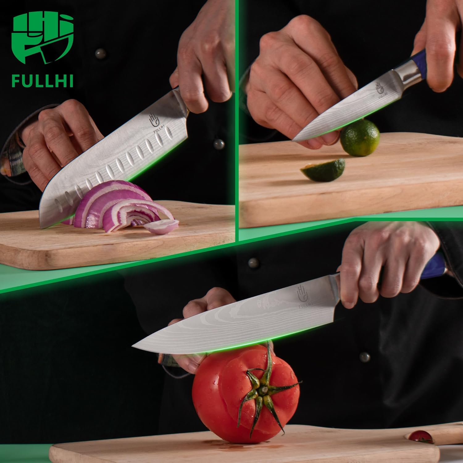 FULLHI 15Pcs Japanese Knife Set with Magnetic Knife Block Holder, Japan Stainless Steel Blades, Purple Resin Ergonomic Handles for Professional and Home Cooking&hellip;