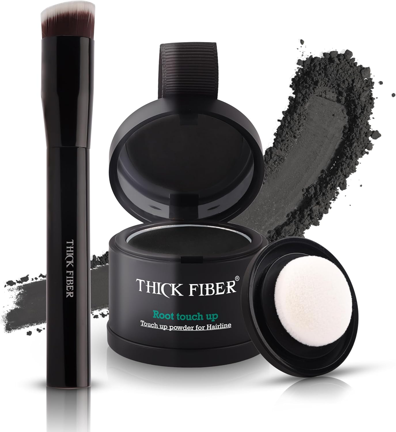 THICK FIBER Root Touch up & Hairline Powder with Brush (Dark Brown) &ndash; Covers Grey Roots & Thin Hair &ndash; Water & Sweat Resistant &ndash; Hair Loss Concealer for Women, Bald Spots, Root Coverage & Part Lines