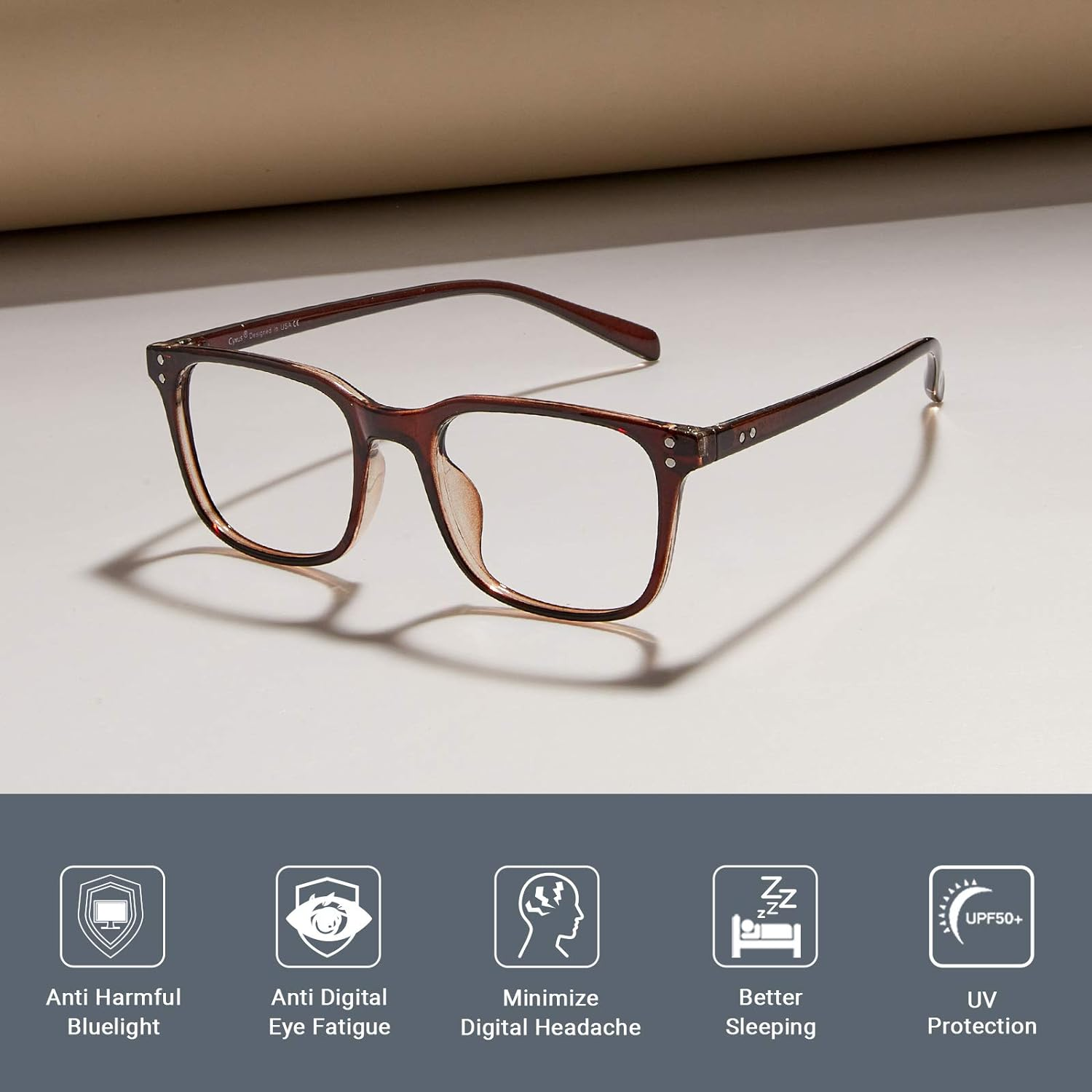 Cyxus Blue Light Blocking Glasses Square Eyeglasses Frame Computer Gaming Eyewear UV420 Filter Clear Lens (Brown)