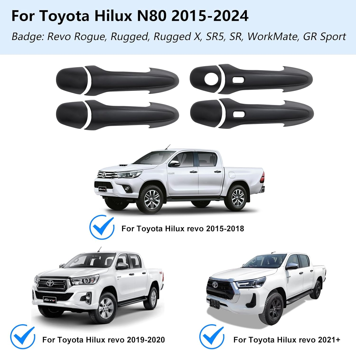 SUERAUTO4X4 Door Handle Cover for Toyota Hilux N80 2015-2024 Revo with Smart Keyless Entry, Matte Black Car Door Handle Scratch Protector Cover Trim Exterior Accessories, 4 Door image number 6