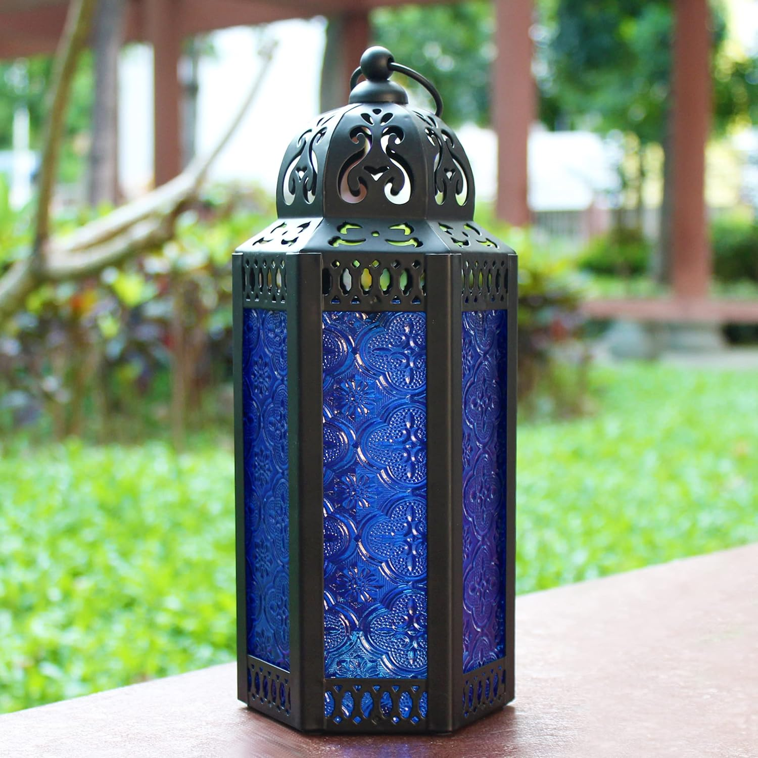 CVHOMEDECO. Decorative Candle Lantern Moroccan Lanterns Vintage Black Metal Lantern Holder for Home Patio Outdoor Decor. Cobalt Glass, Medium image number 6