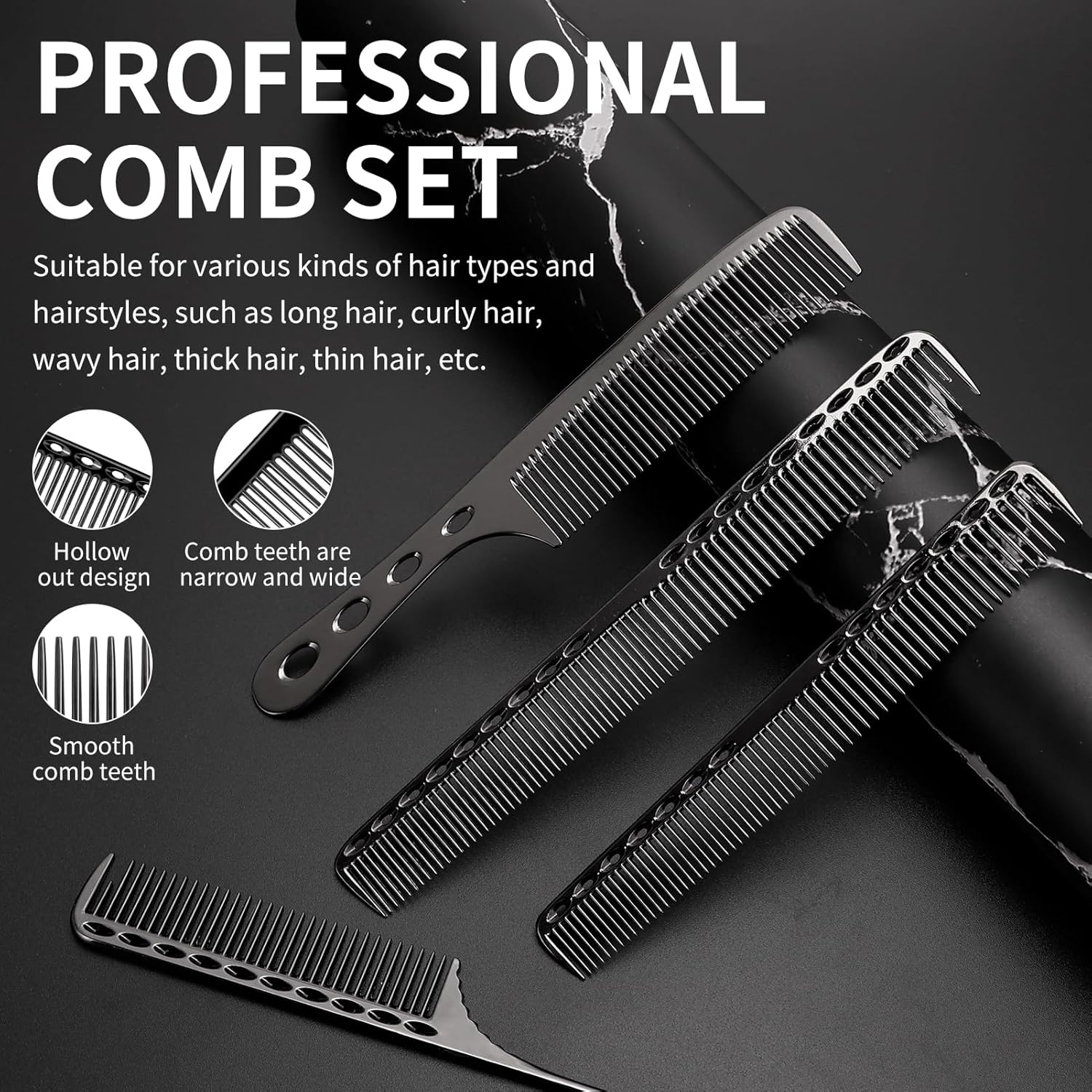 CGBARBER 4 Types Aluminum Hair Combs for Cutting Stainless Steel Hair Tail Metal Comb (Black) image number 2