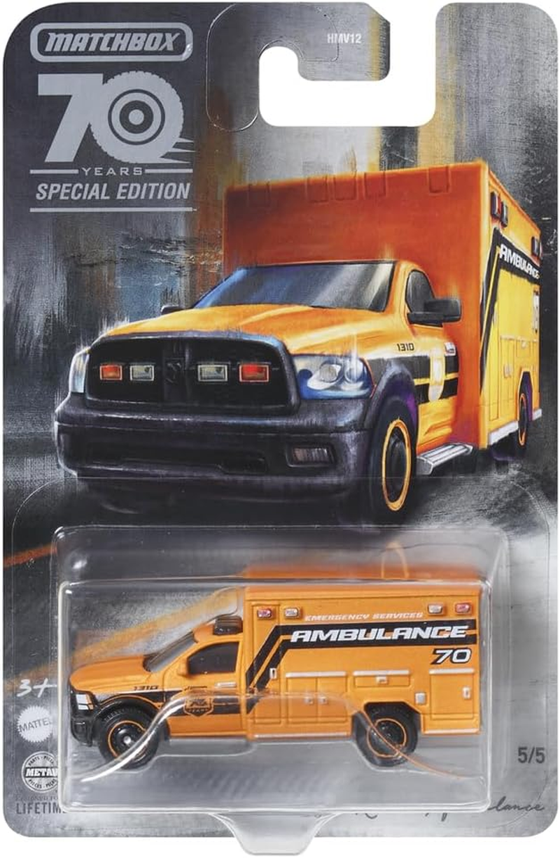 Matchbox Moving Parts 70 Years Special Edition Die-Cast Vehicle - HMV12 ~ Inspired by 2019 Ram Ambulance ~ 5/5 Orange and Black image number 4