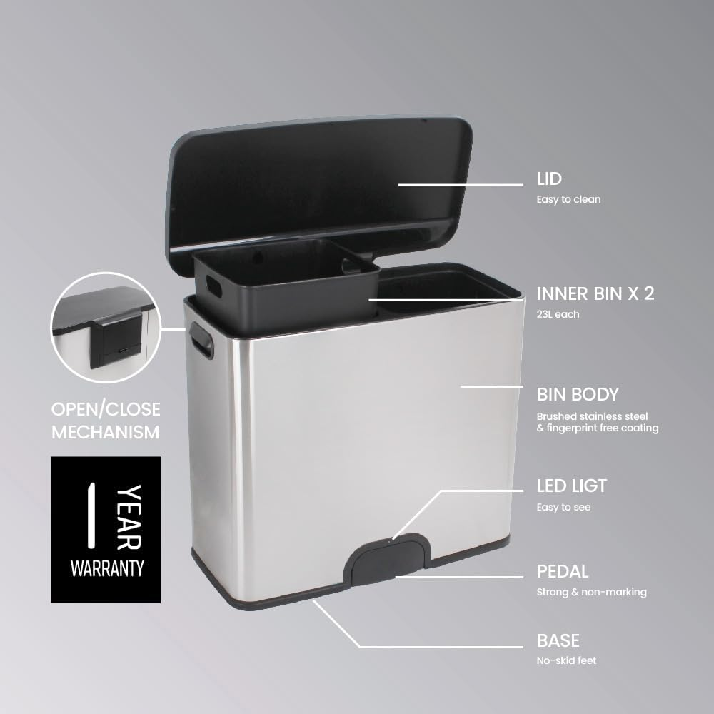 White Magic Smart Bin Duo &ndash; 46L, Toe Tap Operation, Dual 23L Bins for Recycling & General Waste, Soft Close Lid, Stainless Steel, Fingerprint-Free, Battery-Powered with 10,000 Cycles, 1-Year Warranty image number 2