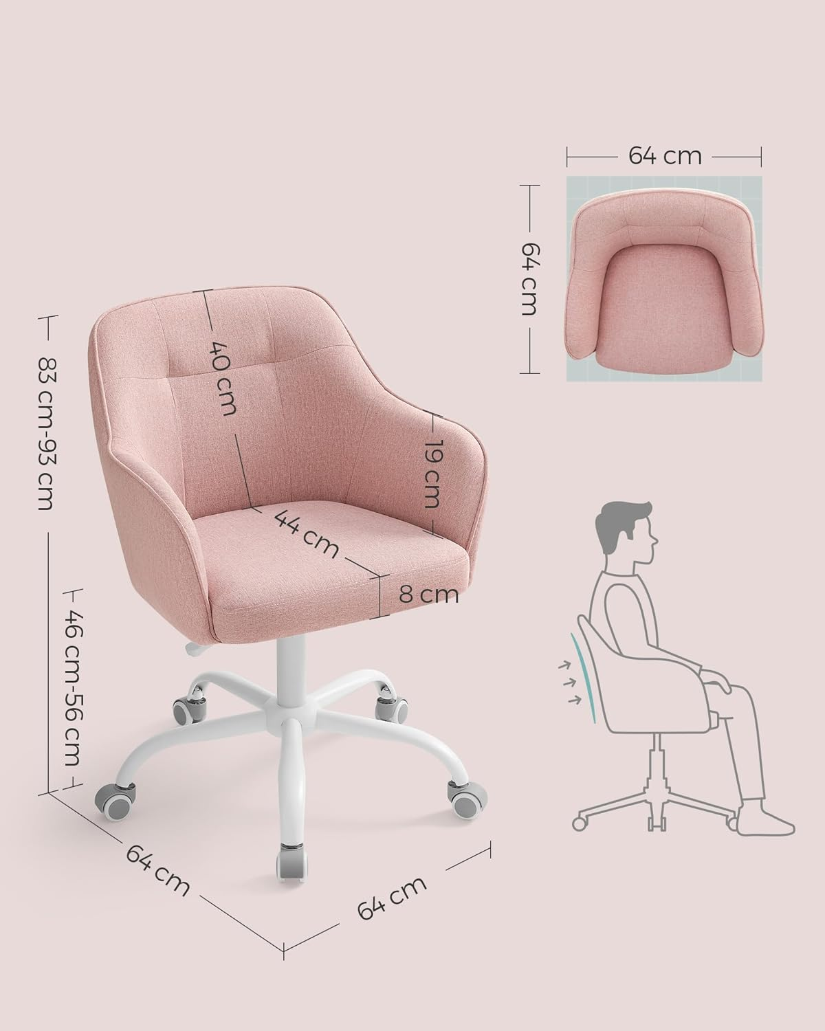 Songmics OBG019P01 Home Office Swivel Chair Office Chair Height Adjustable up to 110 Kg Breathable Fabric for Study Bedroom Pink image number 5