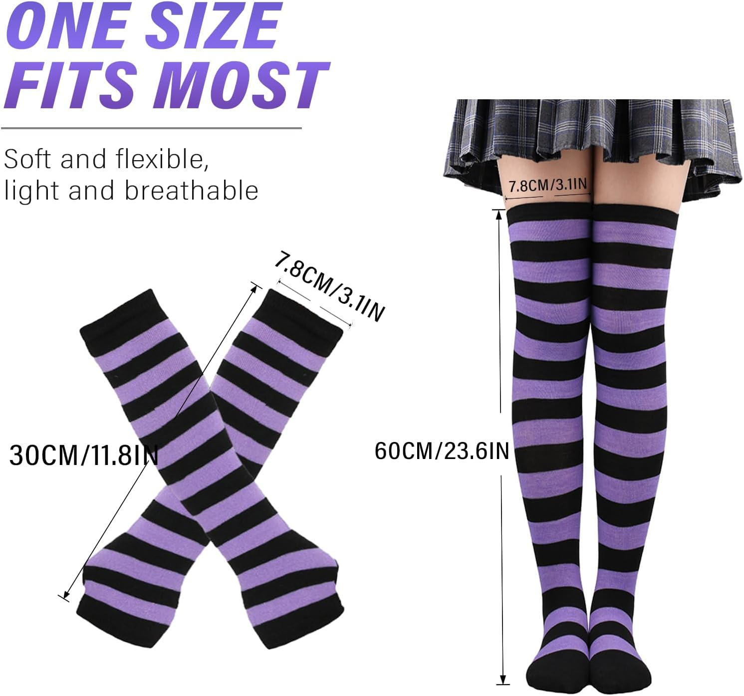 1 Thigh High Socks with 1 Fingerless Gloves,Cute Stripe Long Knee High Socks, Funny Soft Leg Warmers for Novelty Party Halloween Cosplay Stage image number 1