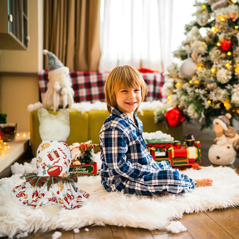 Christmas Dog Clothes Princess Style Dog Dress with Red and Green Plaid Christmas Dog Costume Cozy Pet Clothing Small Dog Clothes for Girls Holiday Xmas Celebrations Dressing (White M)