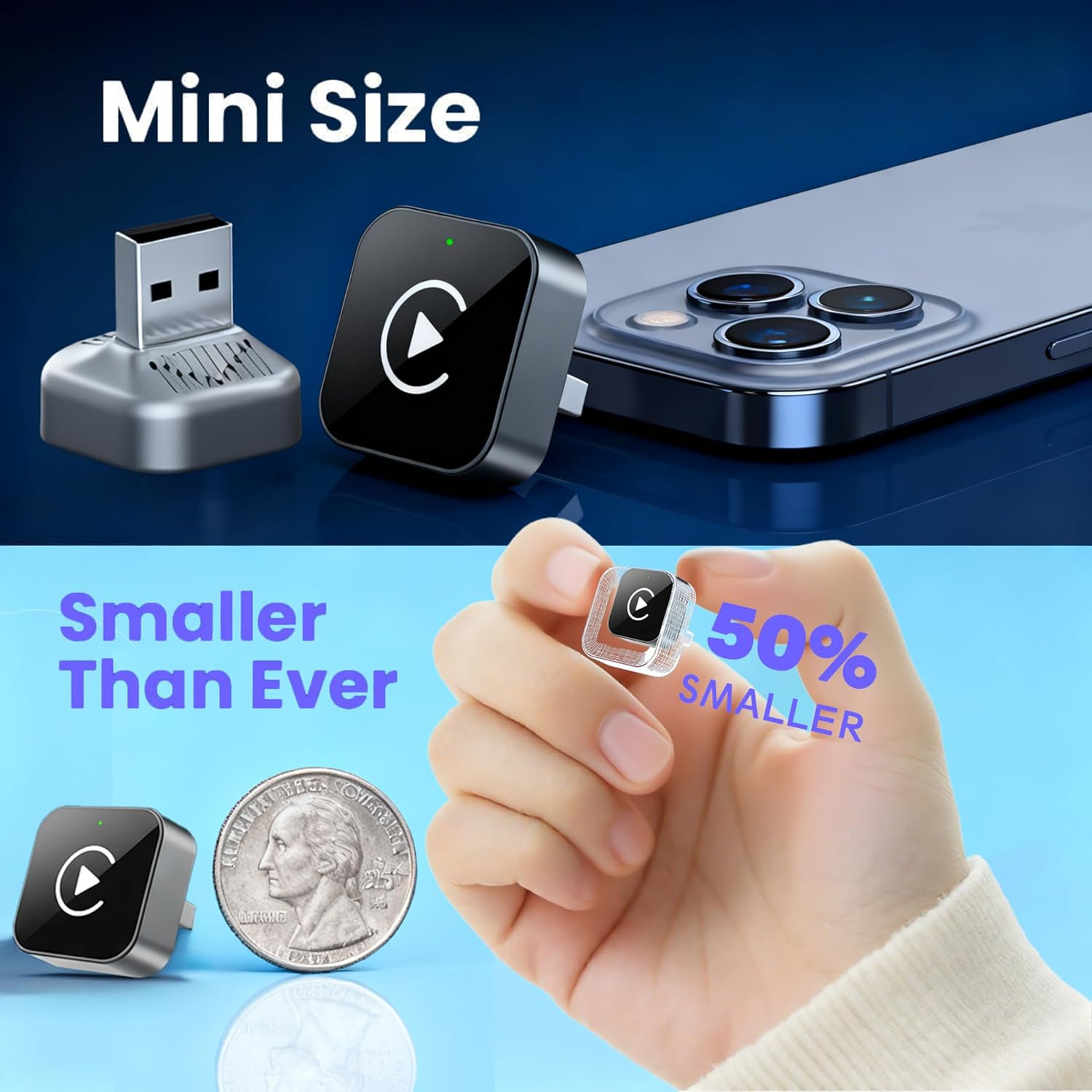 Wireless Carplay Adapter for Iphone, 2-In-1 Carplay Wireless Adapter with USB-C Converter, Plug & Play Car Play Wireless Adapter, Auto-Reconnect for Ios 10+,Android 11+ image number 1