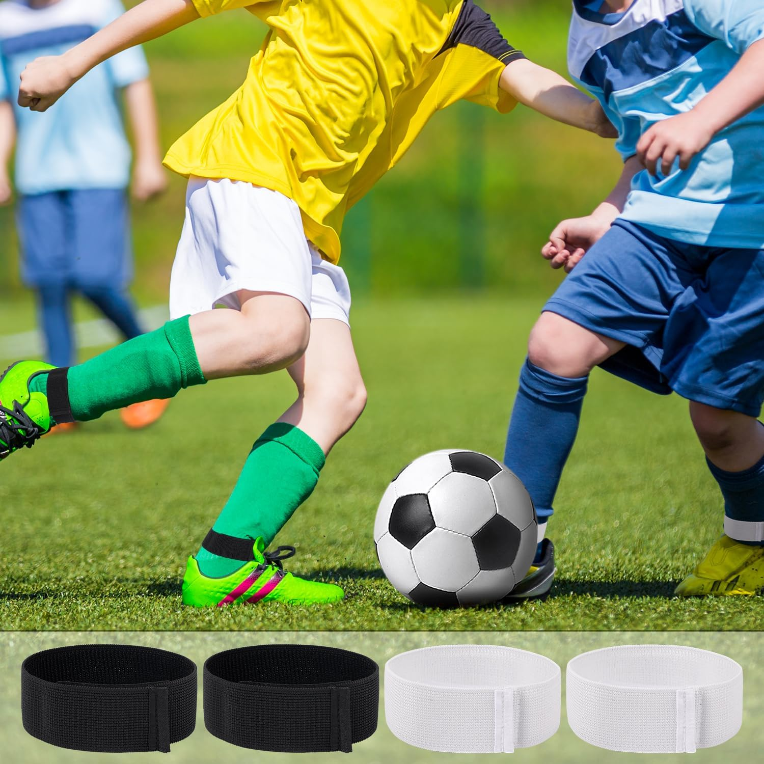 4Pcs Football Shin Guard Straps, Black White Soccer Shin Fixed Ankle Straps Polyester Yarn Elastic Football Shin Guard Holders for Kicking Ball Cycling Running image number 1