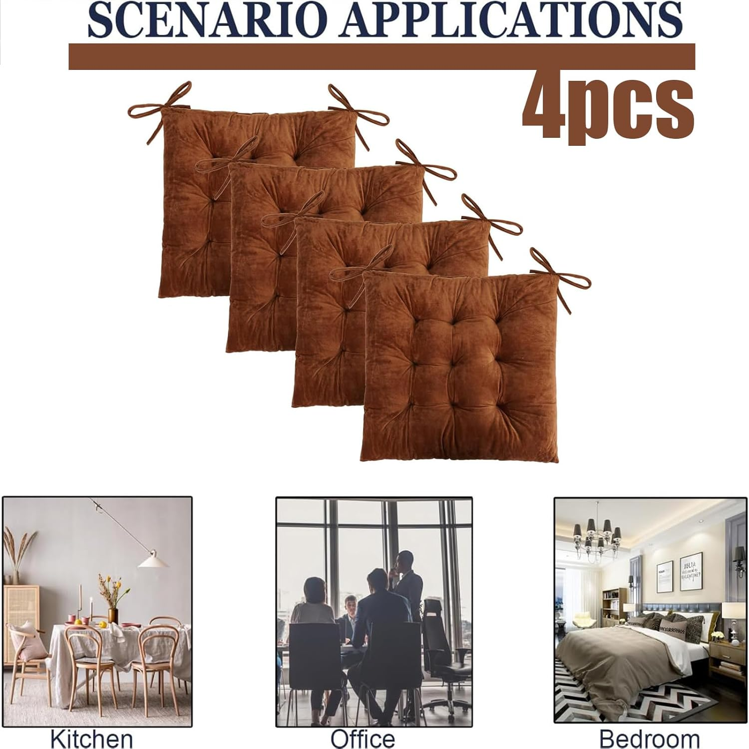 4 Pack Square Seat Cushion Chair Pads for Kitchen Dining Chairs, Soft Comfort Velvet Chair Mat Pillow Cushions with Ties for Office Desk Living Room Tatami 15.5" (Brown)