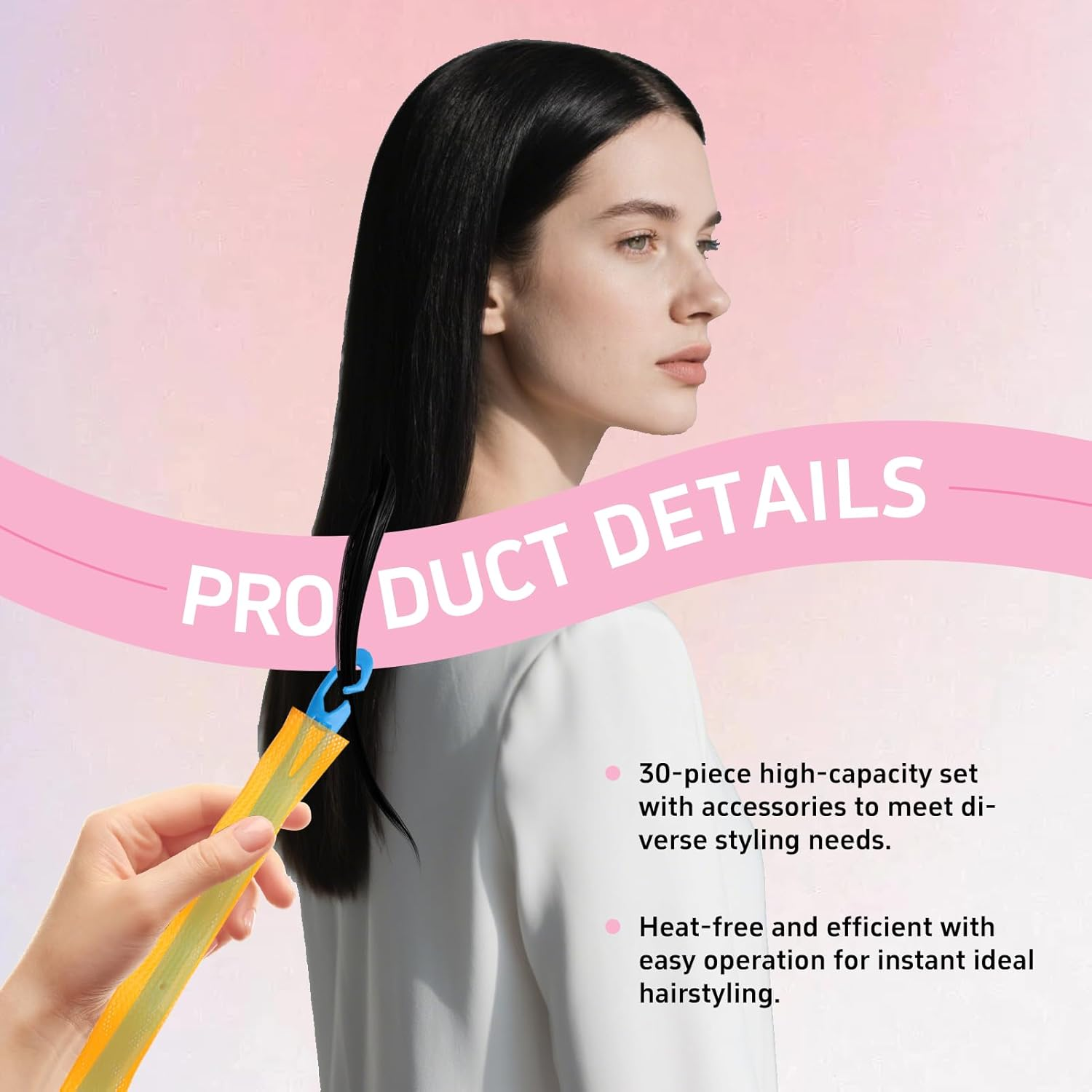 Nhgkju Set of 30 Heatless Hair Rollers - Spiral Wave - 6 Colours (Pink, Orange, Purple, Green, Blue, Yellow) - Ideal for Shoulder Length Hair - No Heat Processing. Includes 2 Styling Rods image number 1