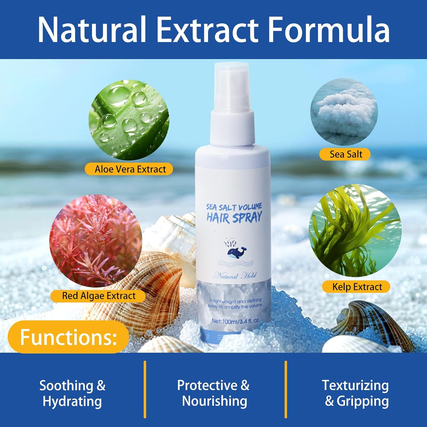 Natural Sea Salt Spray for Hair Men & Women,Adds Texture and Volume to Hair Strands,Natural Extract Formula - Aloe Vera and Red Algae,Portable Travel Essentials 3.4Oz/100Ml image number 2