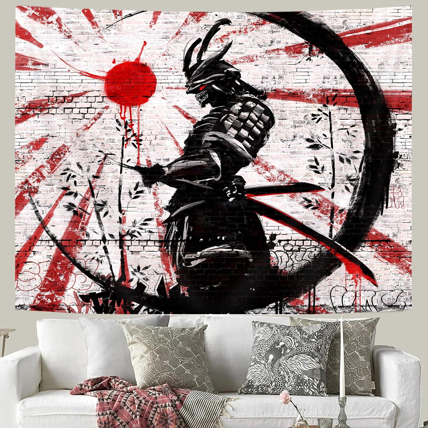Itapnoom Japanese Samurai Art Decor Tapestry Wall Hanging for Bedroom, Cool Anime Red and Black Sun Moon Poster Wall Art Tapestries for Men, Asian Japan Male Blanket College Decorations (80X60) image number 3