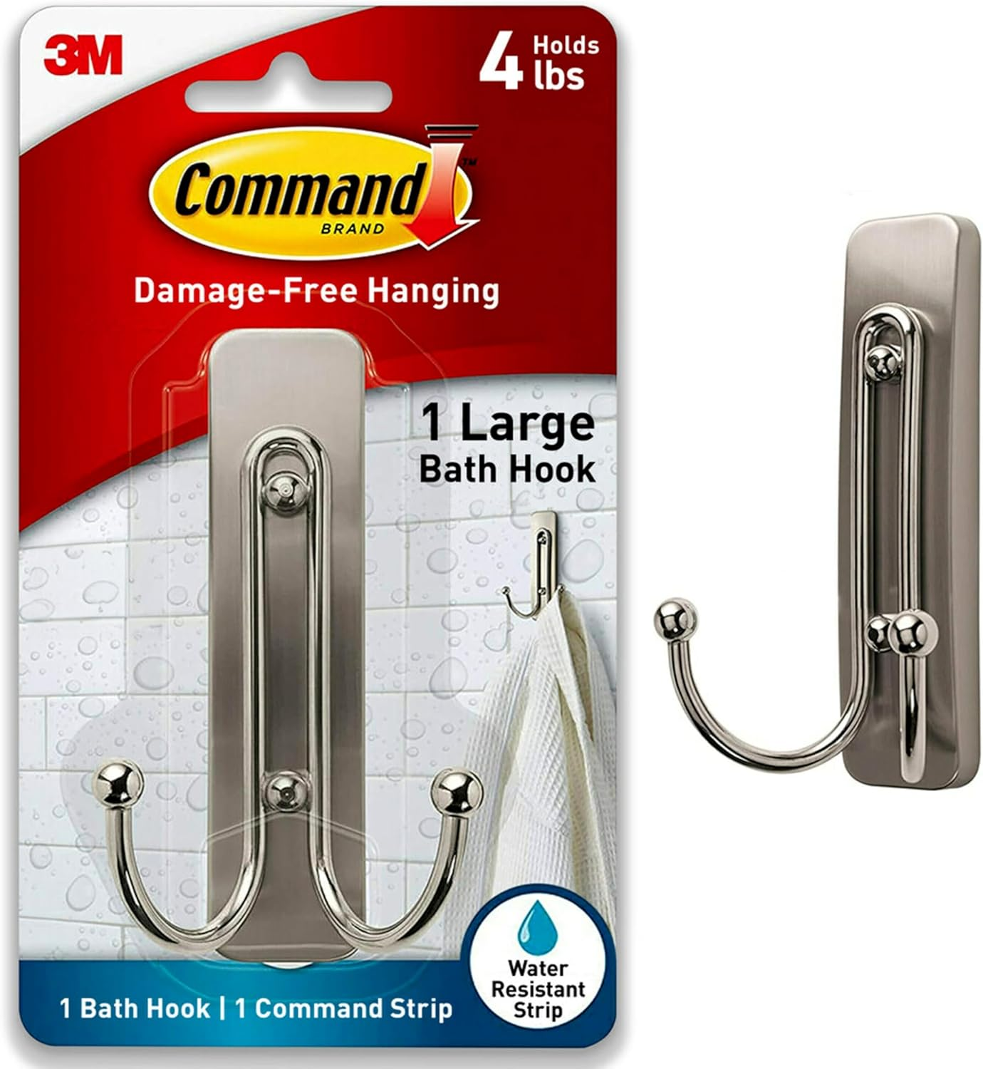 Command Large Wall Hooks, Damage Free Hanging Wall Hooks with Adhesive Strips (2 Pack, Brushed Nickel)
