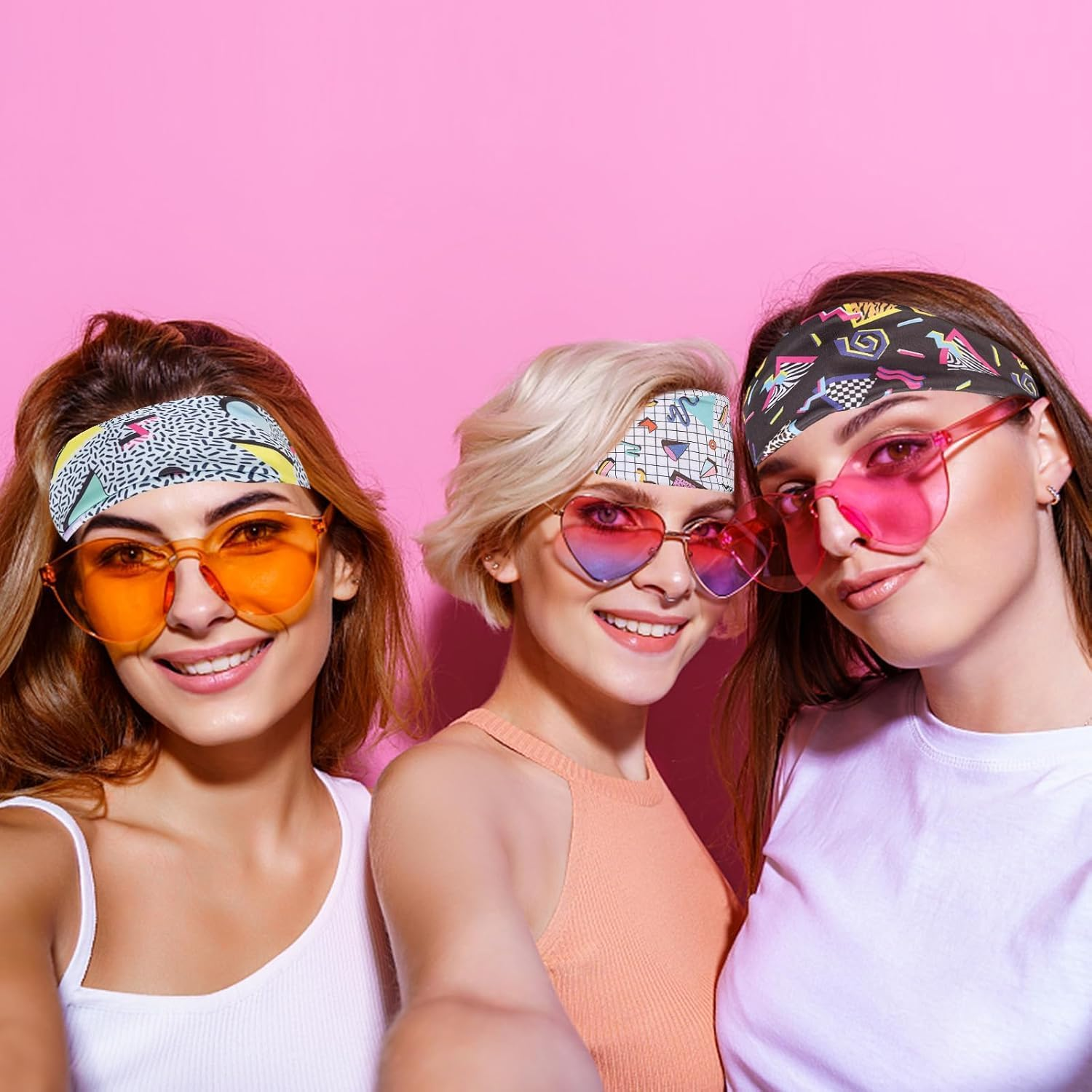 4 Pcs Neon 80S/90S Retro Headbands for Women and Men Wide Vintage Fashion Sweatbands for Travel, Hiking, Running image number 3