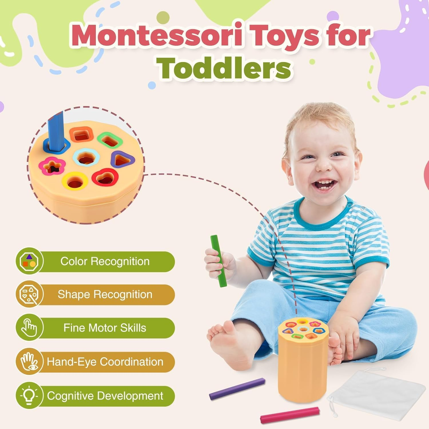 Shape & Color Sorting Montessori Toys for Toddlers, Soft Silicone Sensory Toys, Preschool Learning Activities Matching Game, Educational Toy for Fine Motor Skills (Color) image number 1