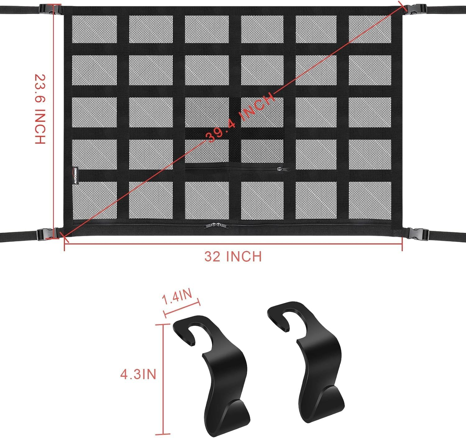 Car Ceiling Storage Net - 35.4" X 25.6" Upgraded Large Car Ceiling Cargo Net Pocket, Strengthen Load-Bearing Adjustable Double-Layer Mesh Car Roof Organizer for SUV Long Trip Camping(Black) image number 6