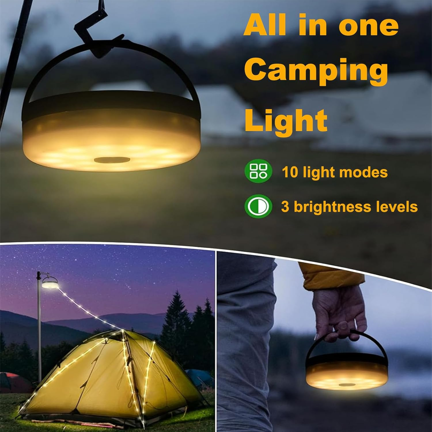 AUTENS Retractable Camping String Lights, All in 1 USB Rechargeable Lantern, Outdoor String Lights with 8 Lighting Modes, Quick 30S Recovery, Tent Lights for Camping, Hiking, Yard, RV