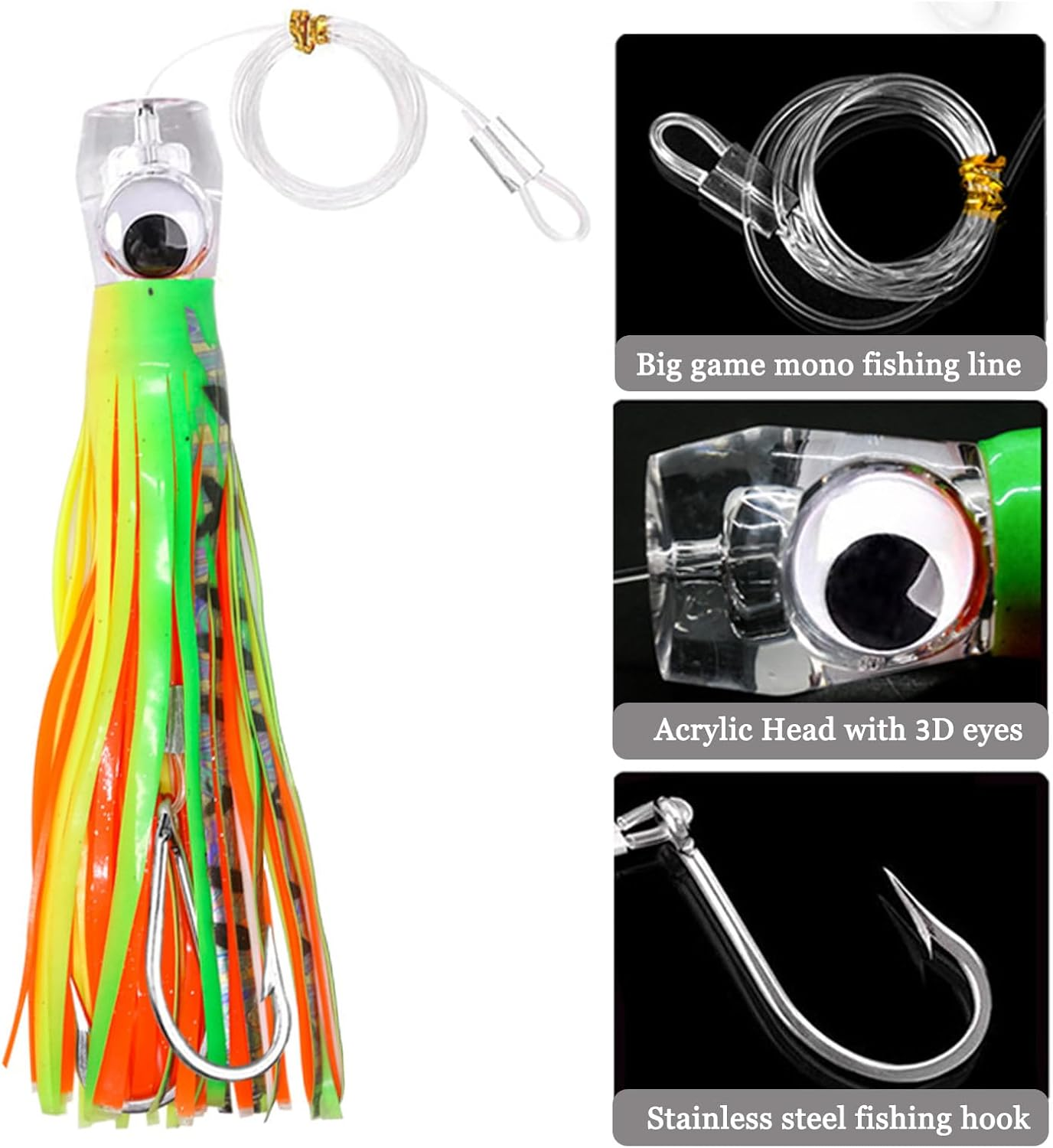 Saltwater Trolling Lures Set of 5Pcs 9 Inch/23Cm Fishing Trolling Skirt Lures with Rigged Hooks for Catching Mahi, Tuna, Wahoo and Big Game Fishes image number 6