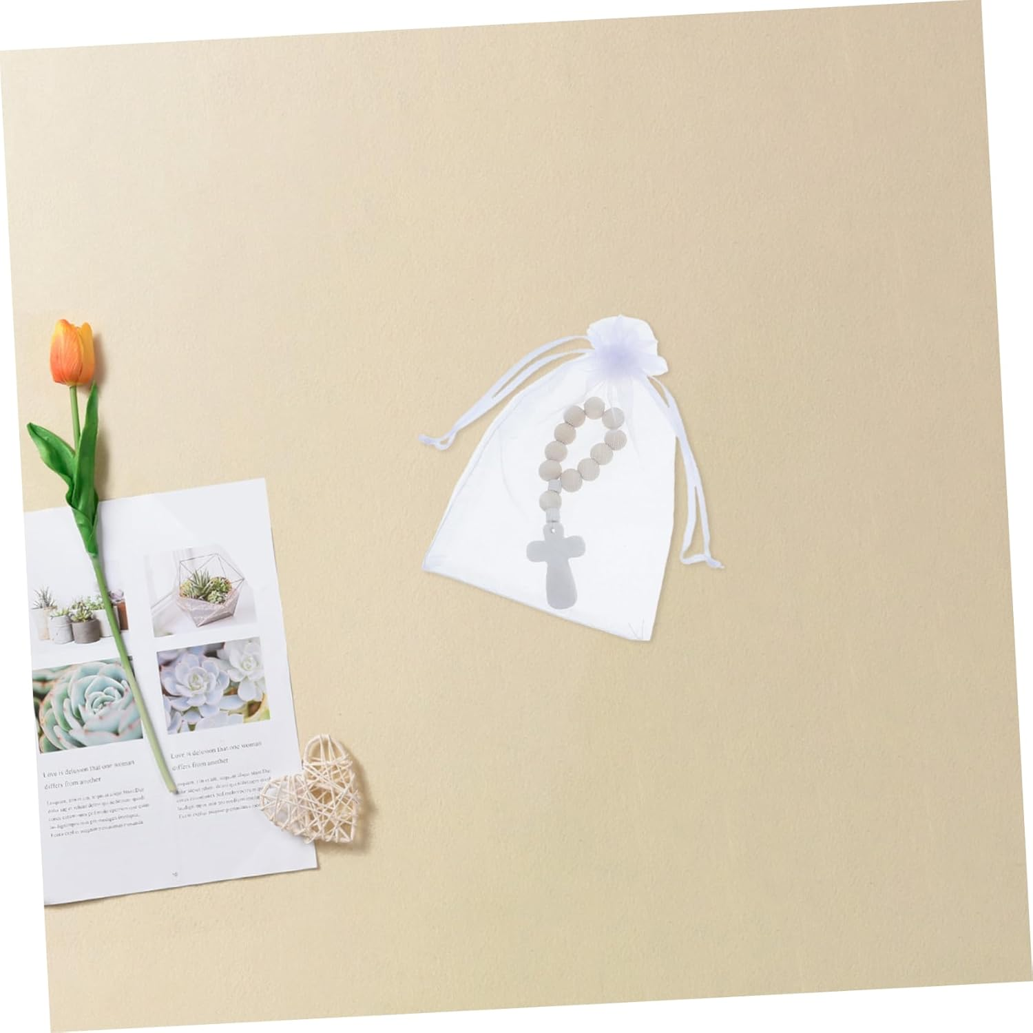 Jojofuny 40Sets Wooden Rosary Beads Mesh Bags for Baptism Religious Prayer Favors Small Rosary Cross Charms image number 4