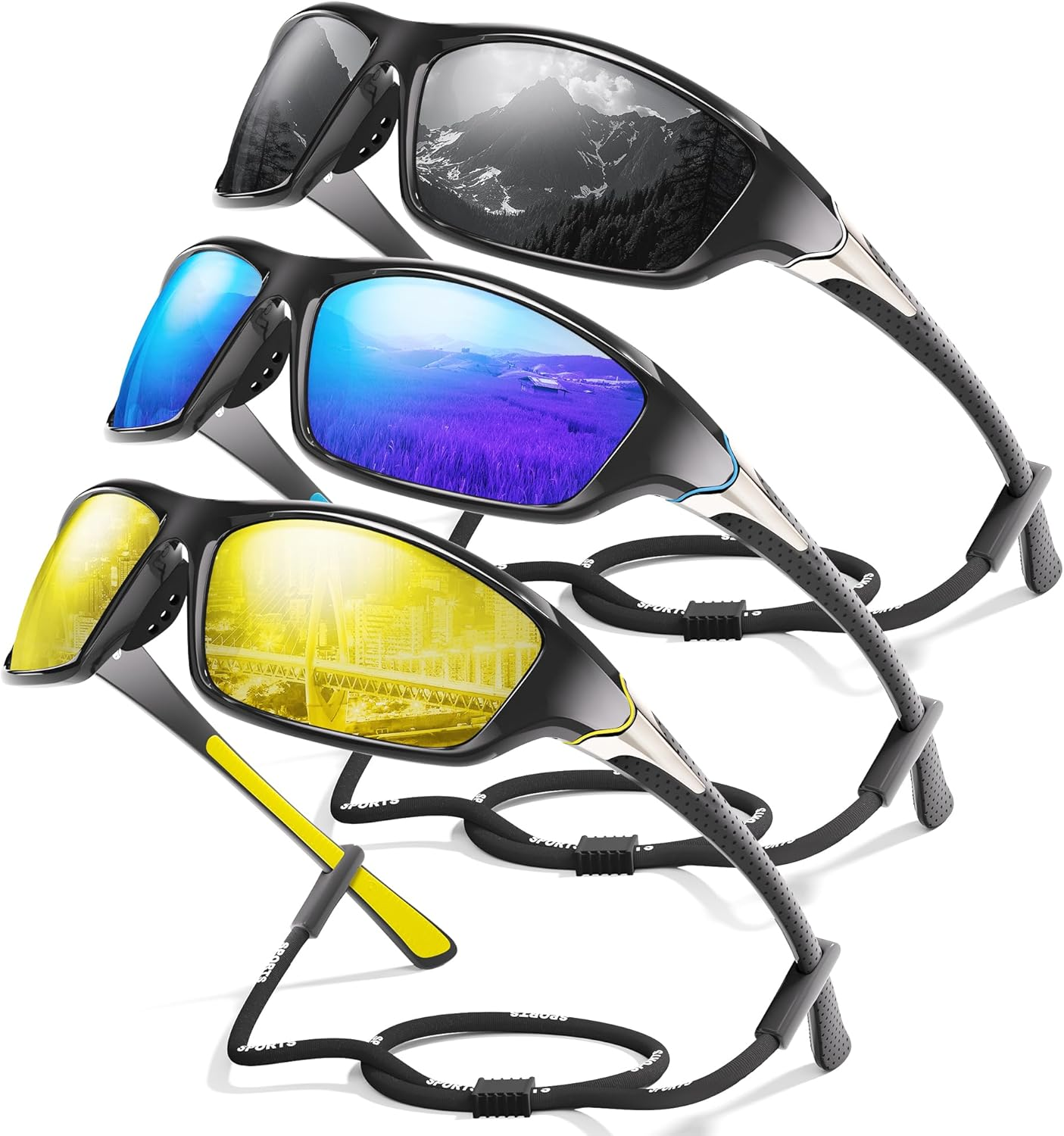 3 Pack Polarized Sports Sunglasses for Men, Mens Sunglasses Wrap around UV Protection for Cycling Fishing Driving