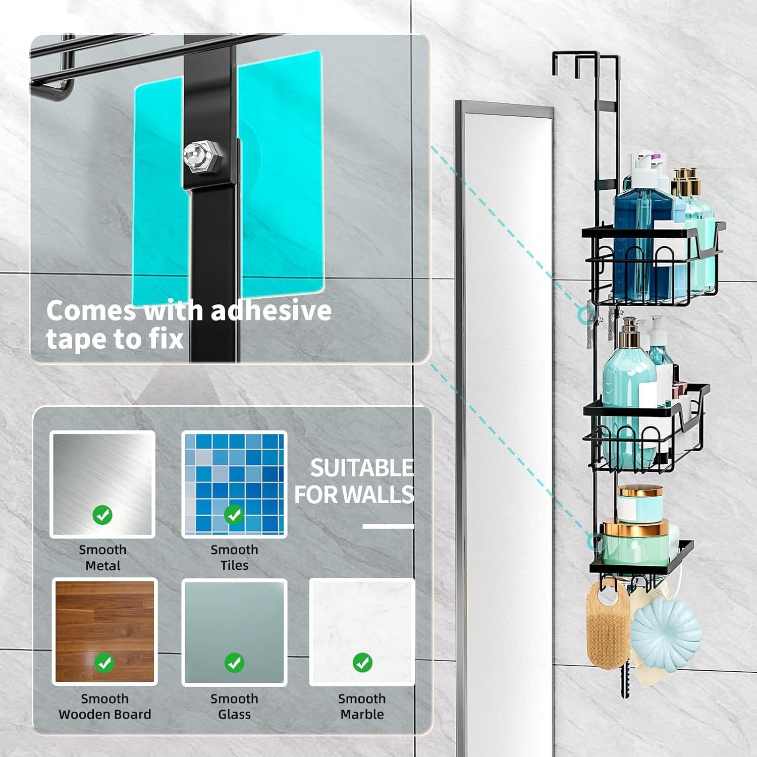 Shengsenfu Shower Caddy Hanging, Rustproof Shower Organizer, over the Shower Head Caddy Hooks for Razor/Sponge, No Drilling Bathroom Storage Shelf Rack Soap Holder, 3-Tier over the Door Shower Caddy image number 4