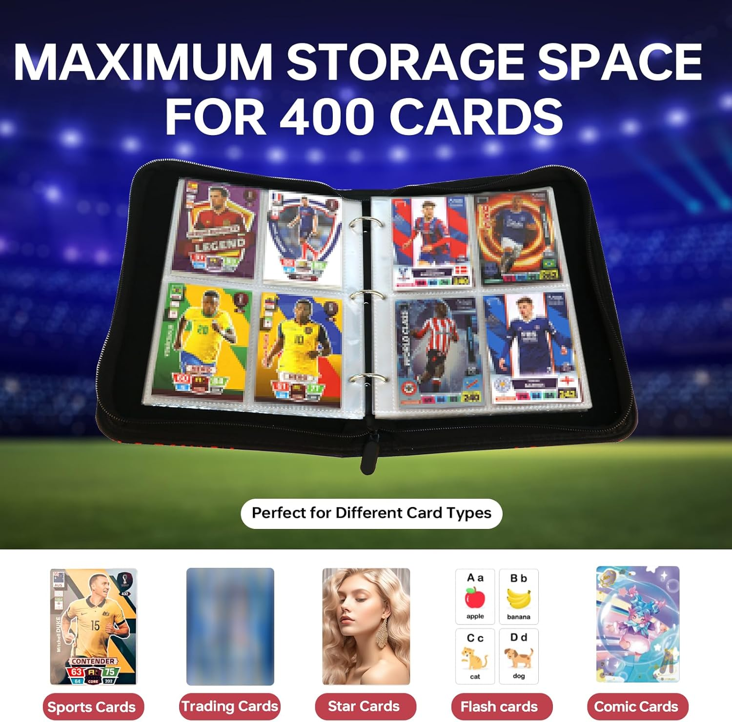 Soccer Card Binder, 4 Pocket Sports Trading Card Collection Binder, Soccer Card Holder with Zipper Carrying Handle and 50 Removable Sleeves for 400 Cards, Waterproof 3-Ring Card Album Folder image number 6