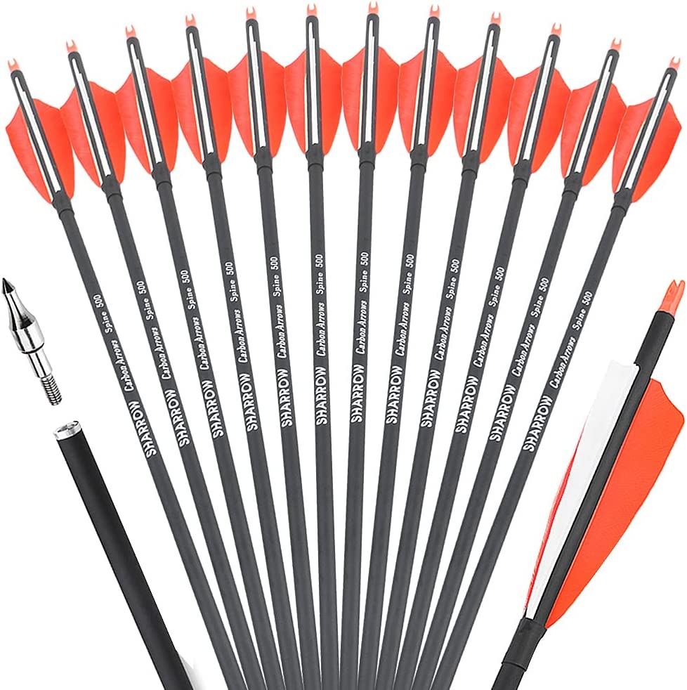 ZSHJGJR 30 Inch Archery Carbon Arrows Hunting Arrows with 4&rdquo; Turkey Feather Targeting Practice Arrows Spine 500 for Compound & Recurve & Traditional Bow 6/12Pcs