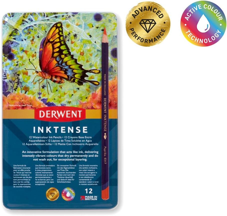 Derwent Inktense Permanent Watercolour Pencils 12 Tin, Set of 12, 4Mm Premium Core Strength, Water-Soluble, Ideal for Drawing, Colouring & Painting on Paper or Fabric, Professional Quality (0700928) image number 4