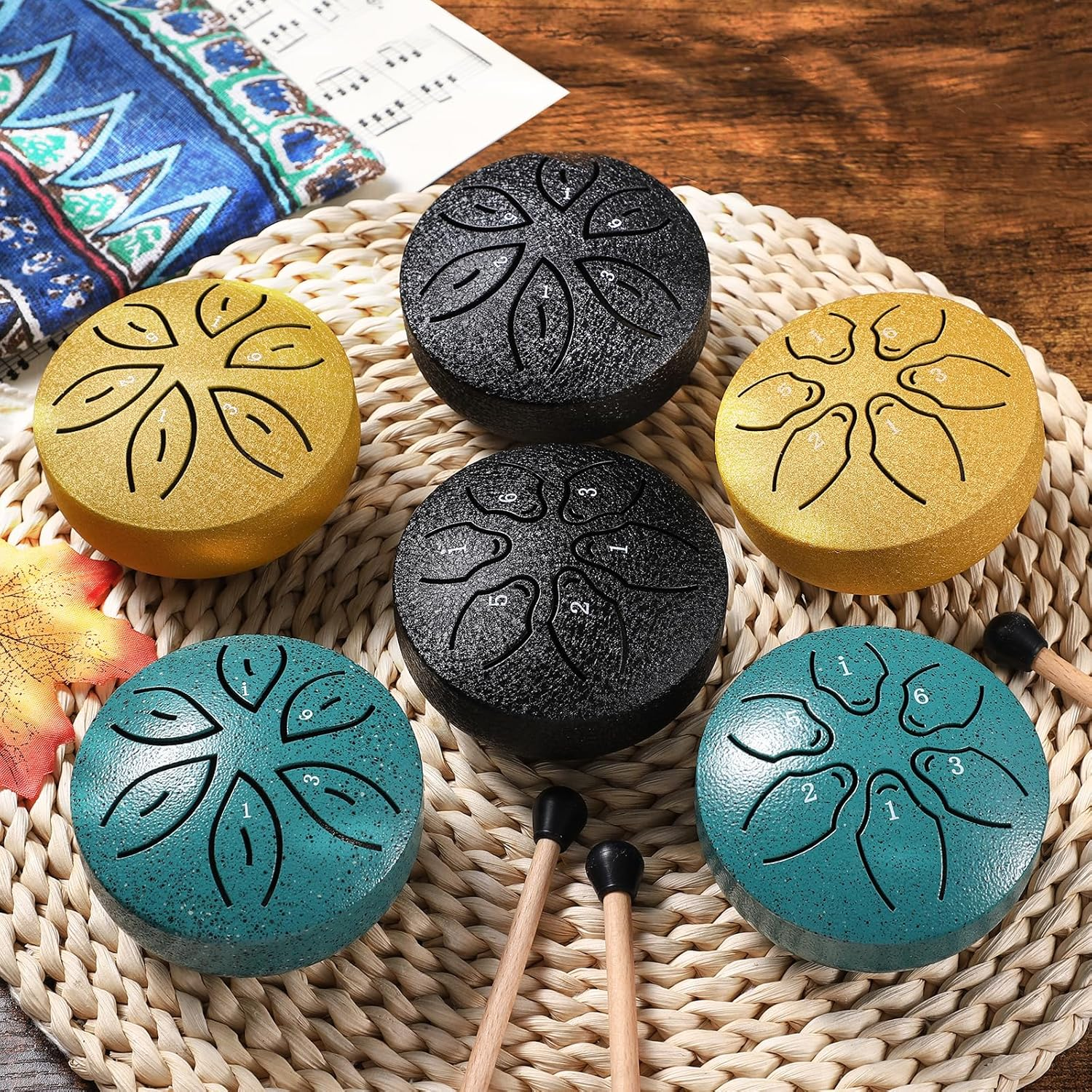 Facmogu Steel Tongue Drum for Outside, 3 Inch 6 Notes Chakra Drum for Outdoor Use, Mini Handpan Drum for Sound Bath, Musical Education Entertainment Meditation Yoga Zen Gifts - Green (Leaf Pattern) image number 1