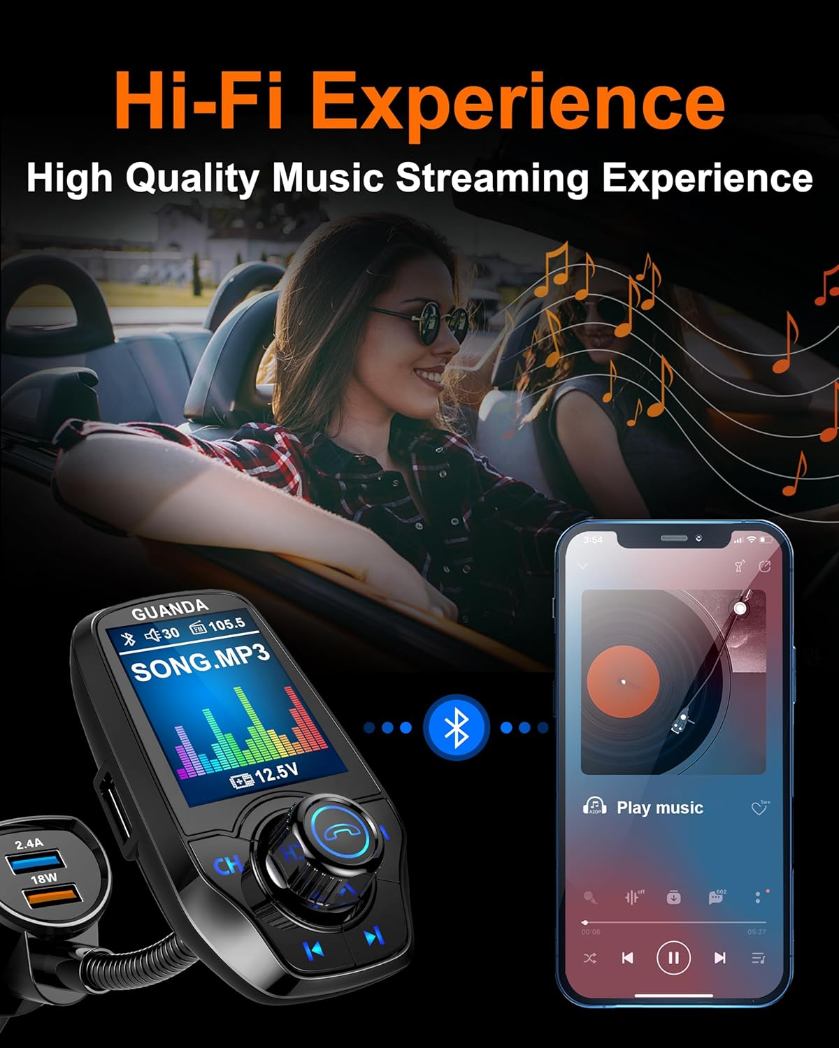 Bluetooth FM Transmitter In-Car Wireless Radio Adapter Kit W 1.8" Color Display Hands-Free Call AUX In/Out SD/TF Card USB Charger Fast Charging 18W for All Smartphones Audio Players - RM100 Black image number 2