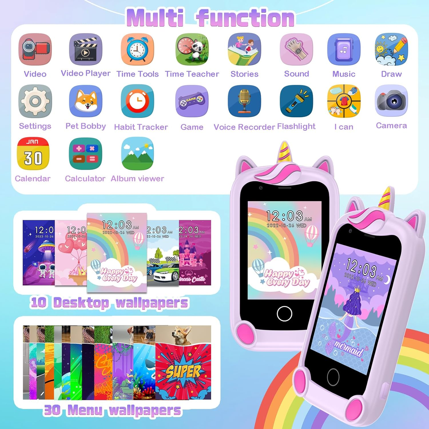 PTHTECHUS&reg; Kids Smart Phone for Girls, Toddler Toys for 3-12, Touchscreen HD Camera Kids Toys Phone with Music Player, Games, Videos, Audiobooks, Christmas Birthday Toy Purple image number 5